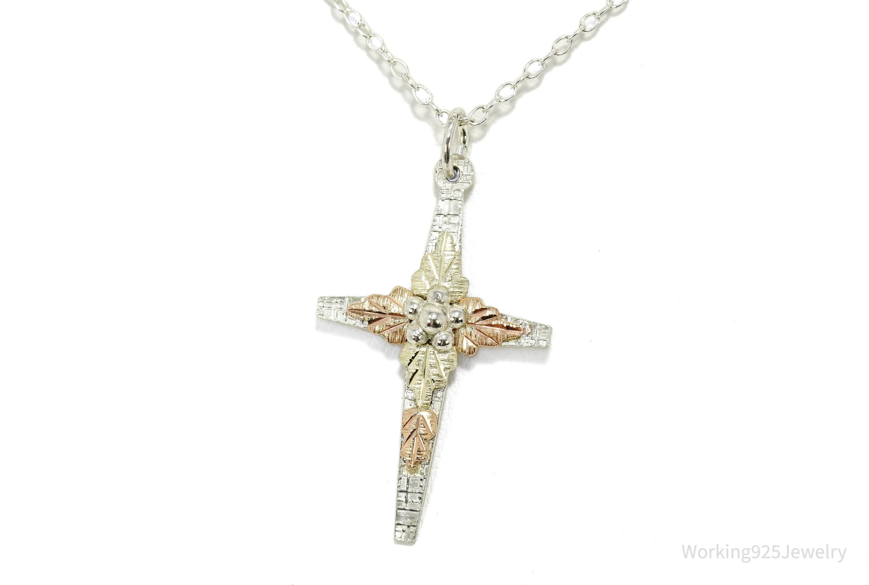 Vintage Landstrom's 10K Black Hills Gold Leaves Sterling Silver Cross Necklace 18"