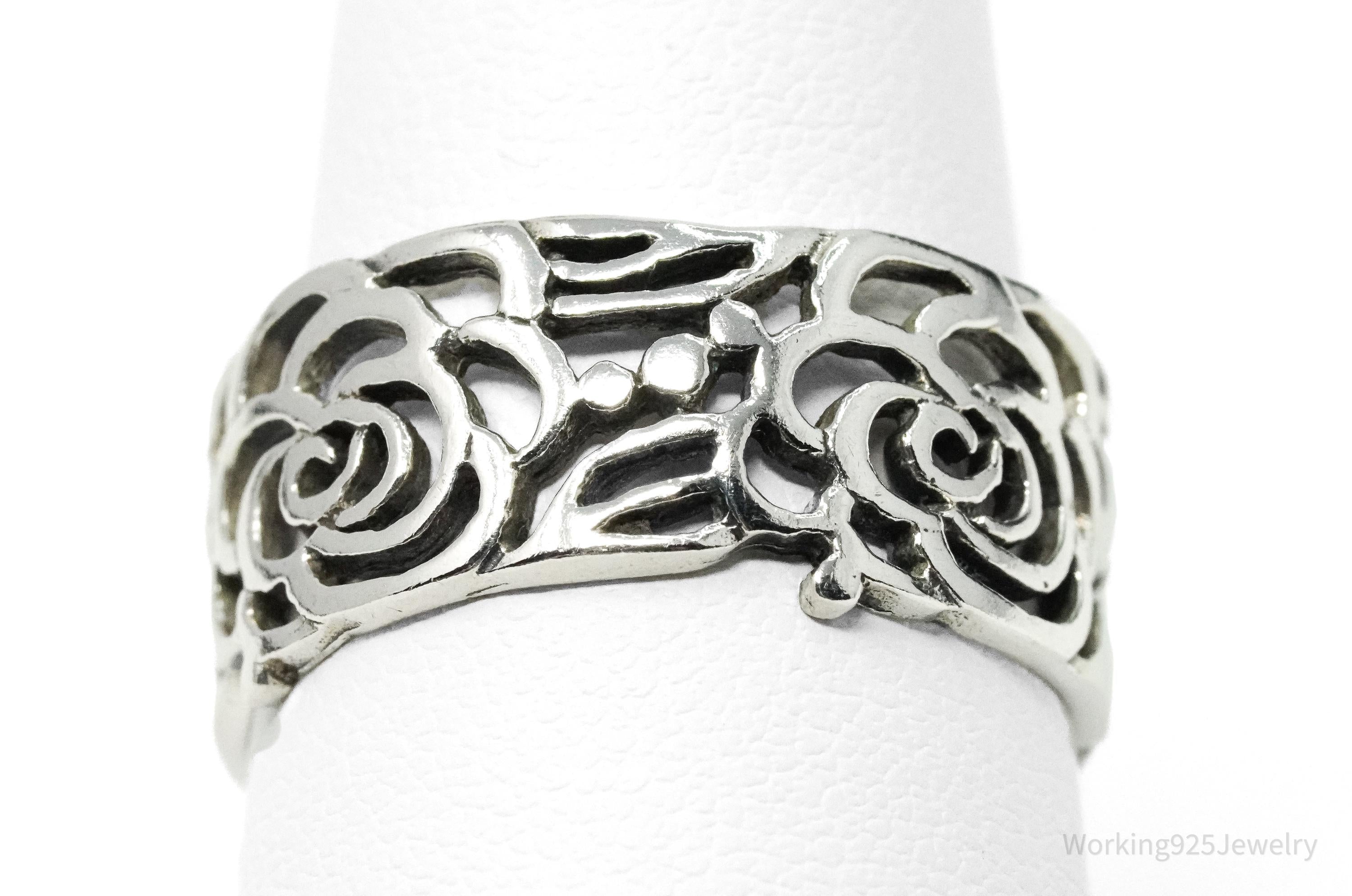 Vintage Roses Cut Out Sterling Silver Band Ring - Size 9.5