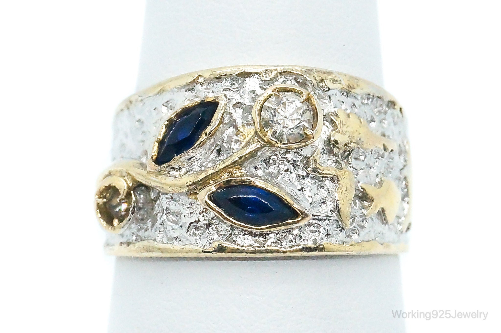 Vintage Sapphire Cubic Zirconia Gold Vermeil Sterling Silver Ring Size 6.75