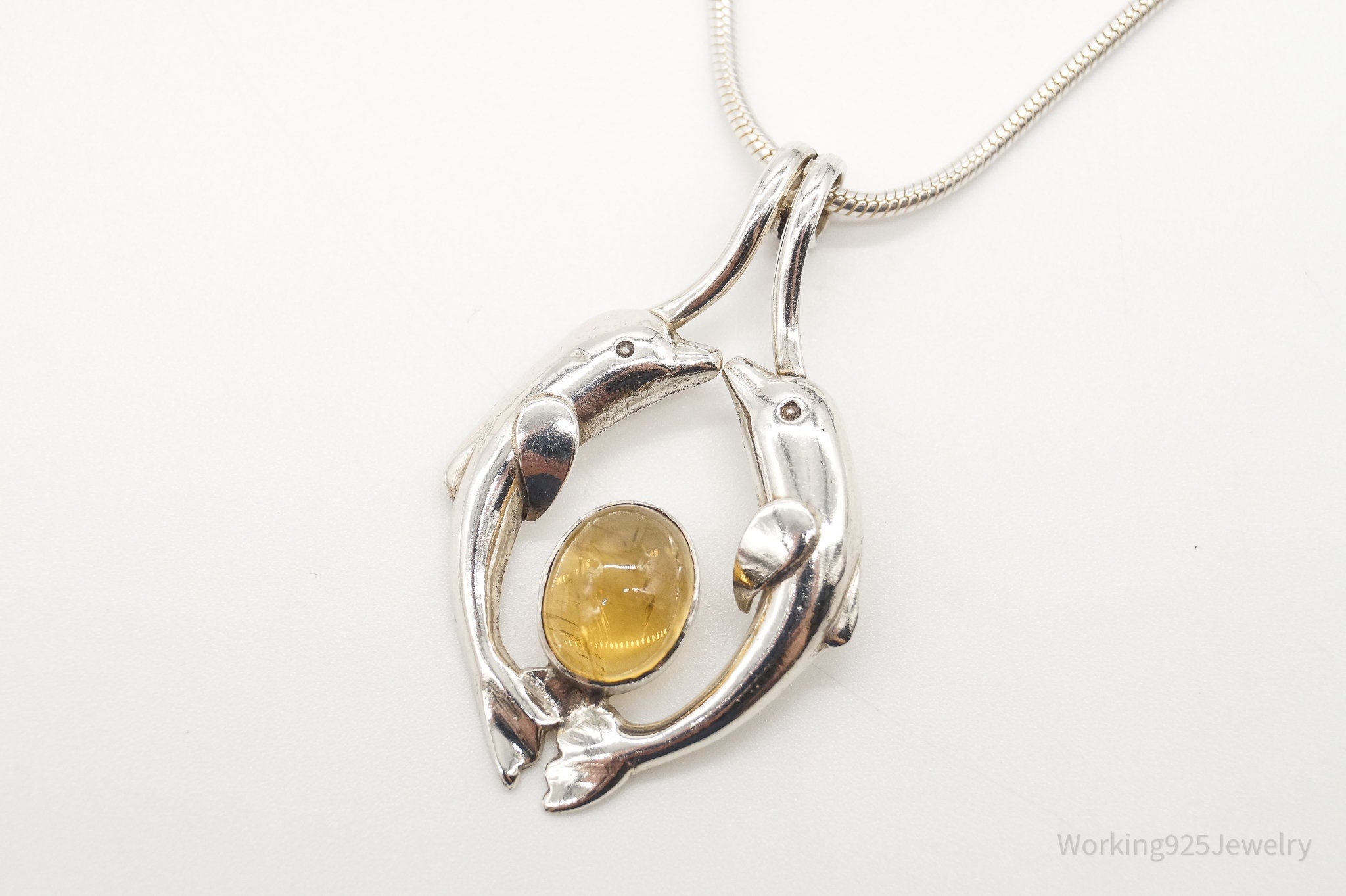 Vintage Large Kissing Dolphins Citrine Sterling Silver Necklace