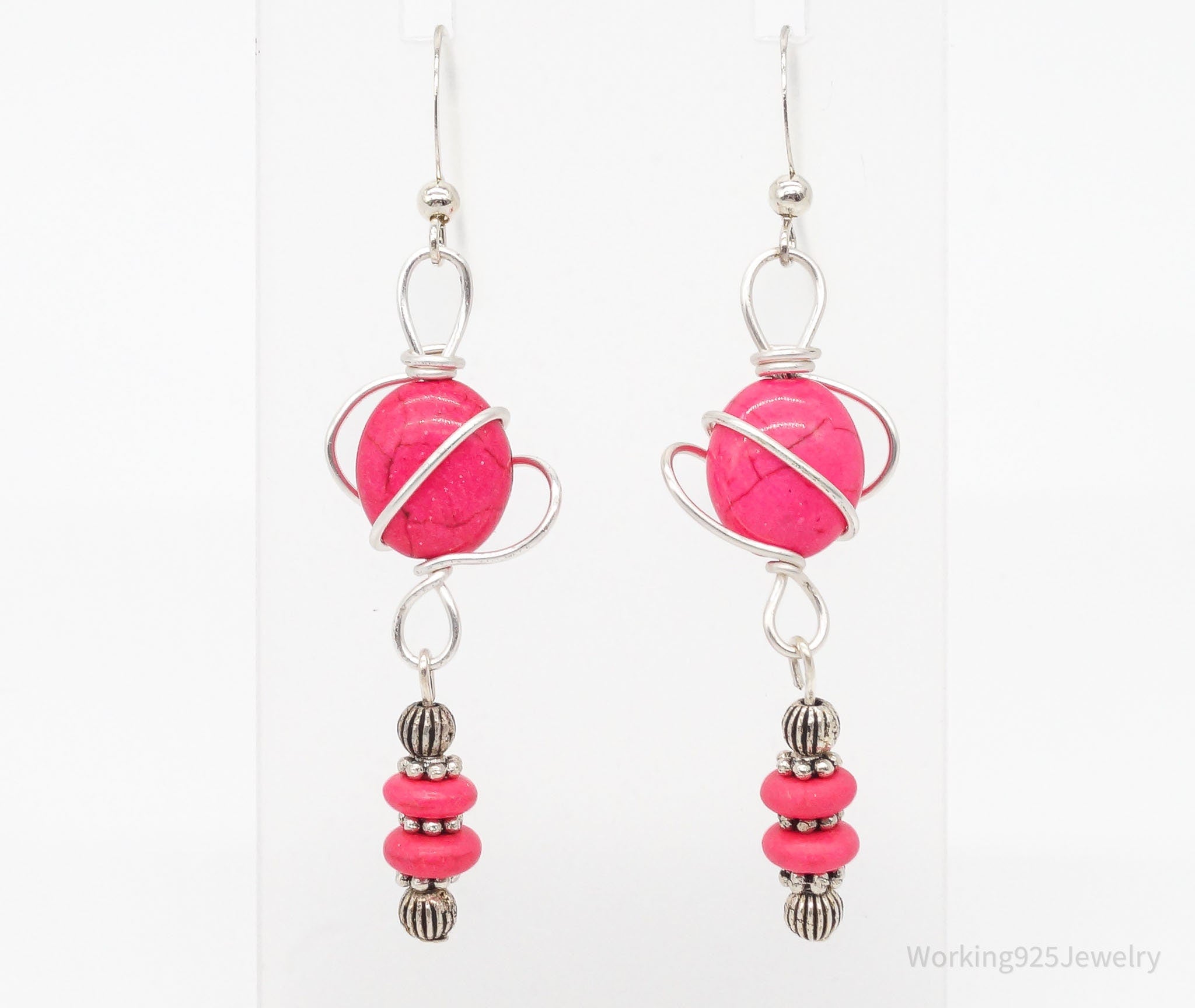 Vintage Pink Howlite Silver Earrings