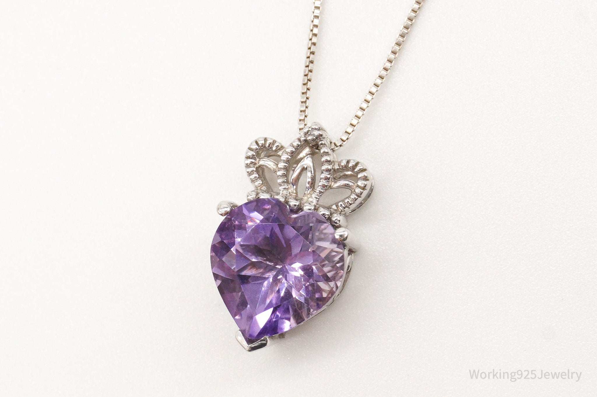 Vintage Purple Cubic Zirconia Crowned Heart Sterling Silver Necklace