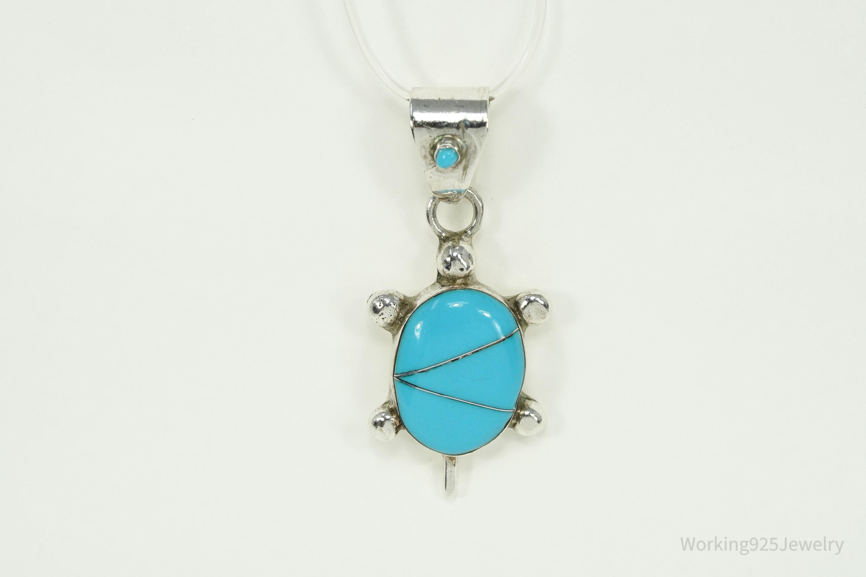 Vintage Native American Turquoise Inlay Turtle Sterling Silver Pendant 1.5"