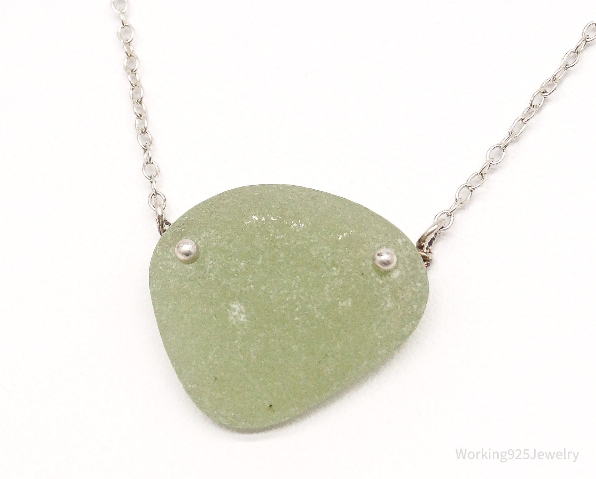 Vintage Green Sea Glass Sterling Silver Necklace 16"