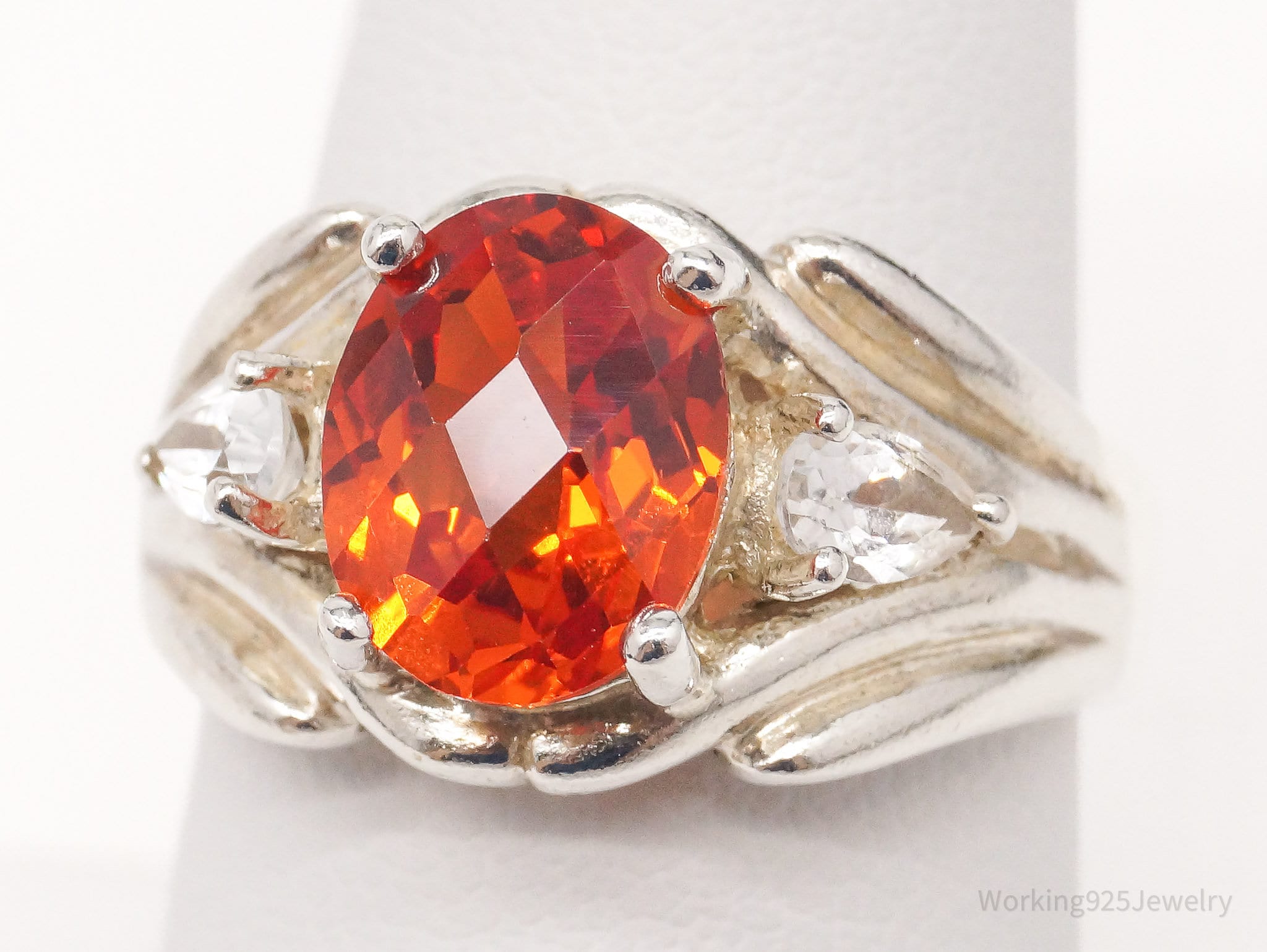 Vintage Orange Lab Sapphire White Topaz Sterling Silver Ring - Size 7.75