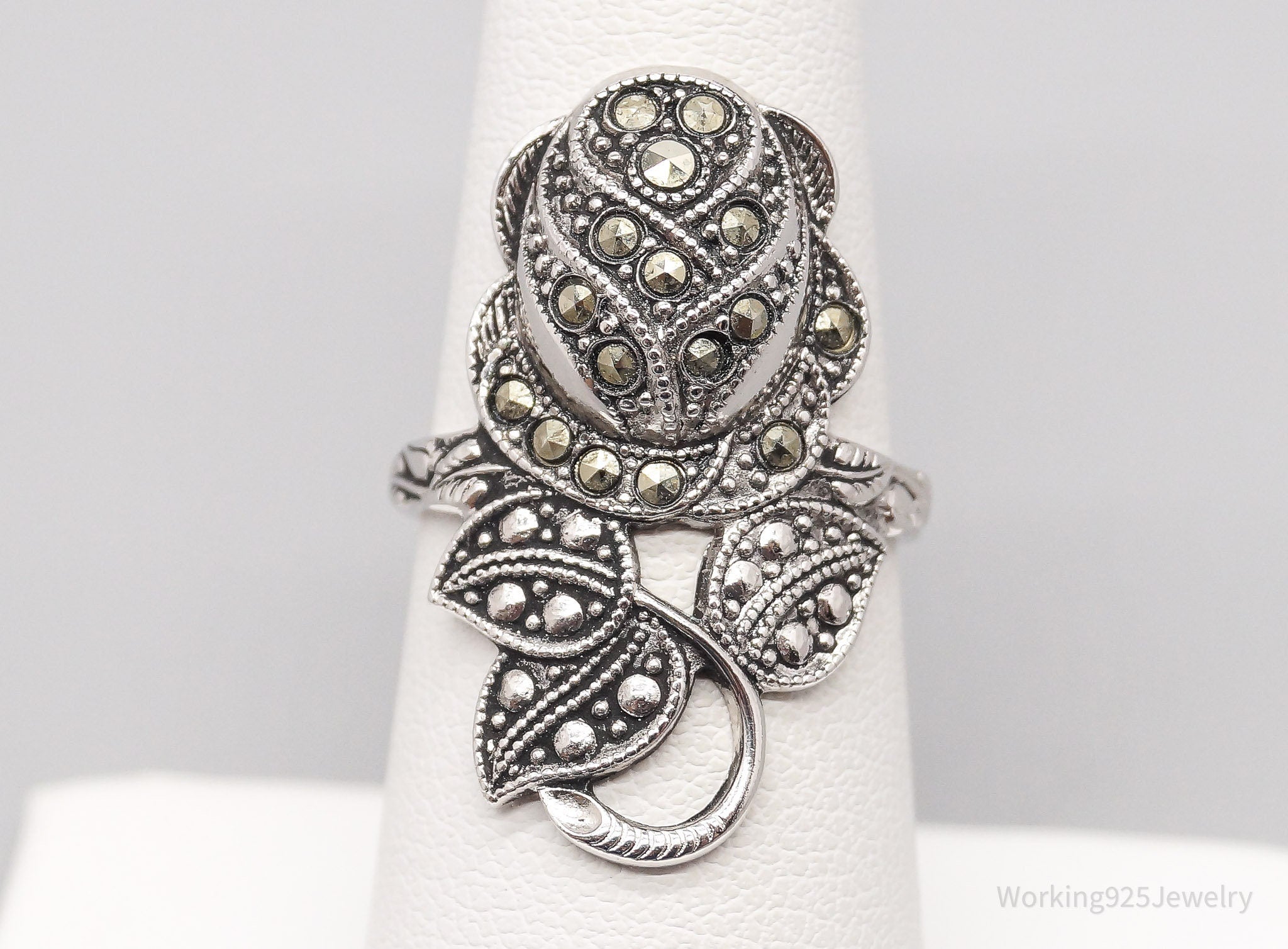 Vintage Coombs Marcasite Rose Rhodium Electroplated Ring - Size 6.75