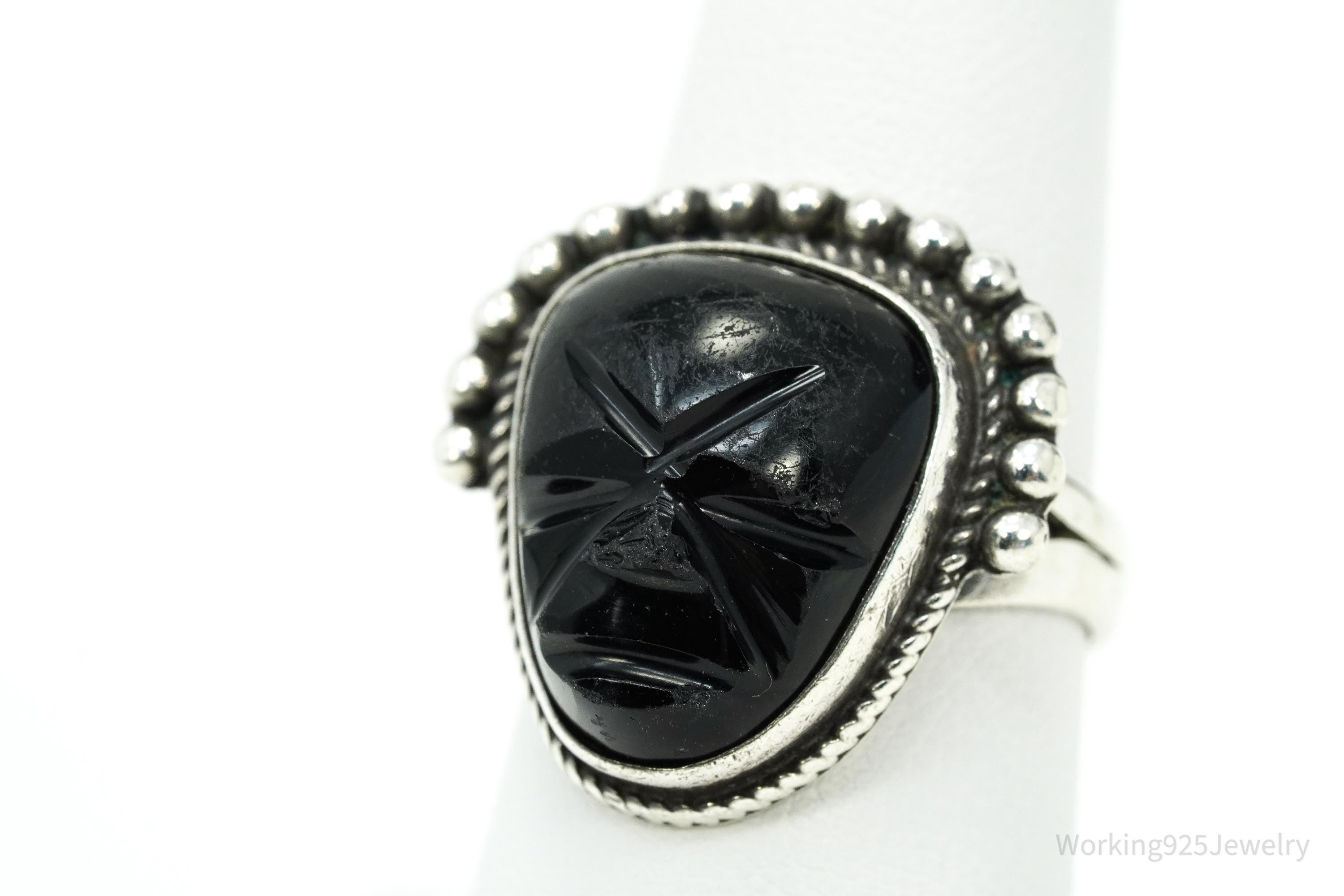 Vintage Mexican Carved Black Onyx Mask Silver Ring - Size 7.75