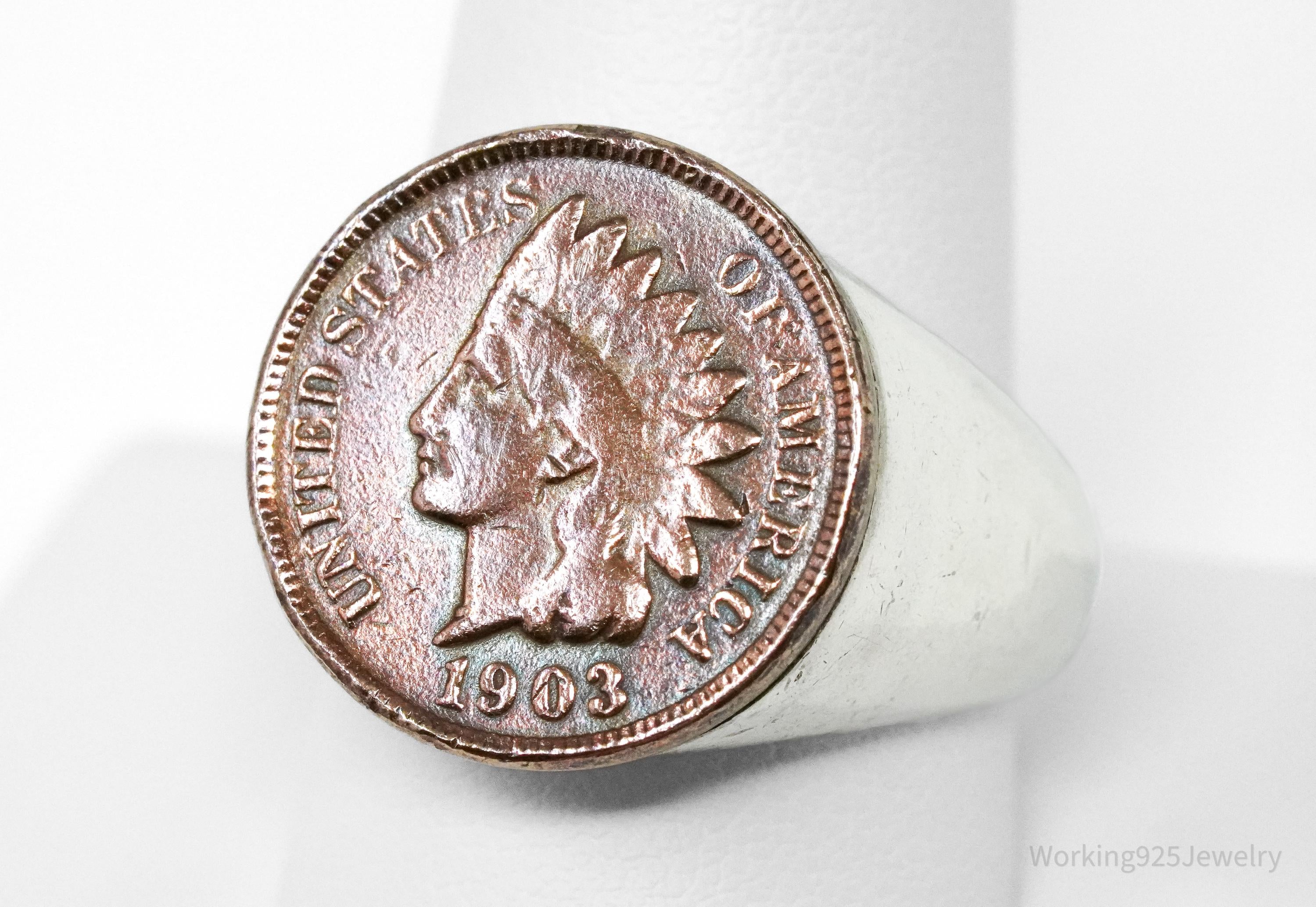 Vintage 1903 Indian Head Cent Penny Silver Ring - Size 10.5