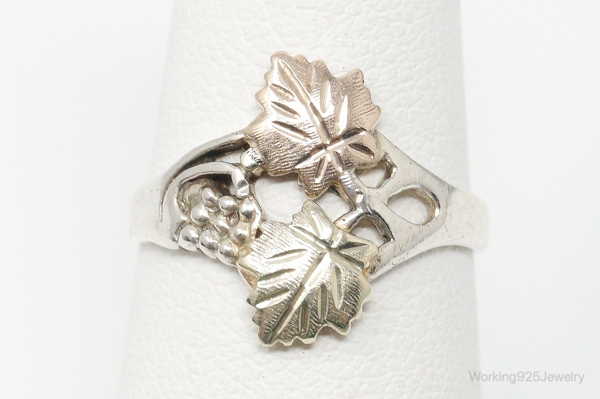 Vintage RGC 12K Gold Grape Leaf Sterling Silver Ring Size 6.25