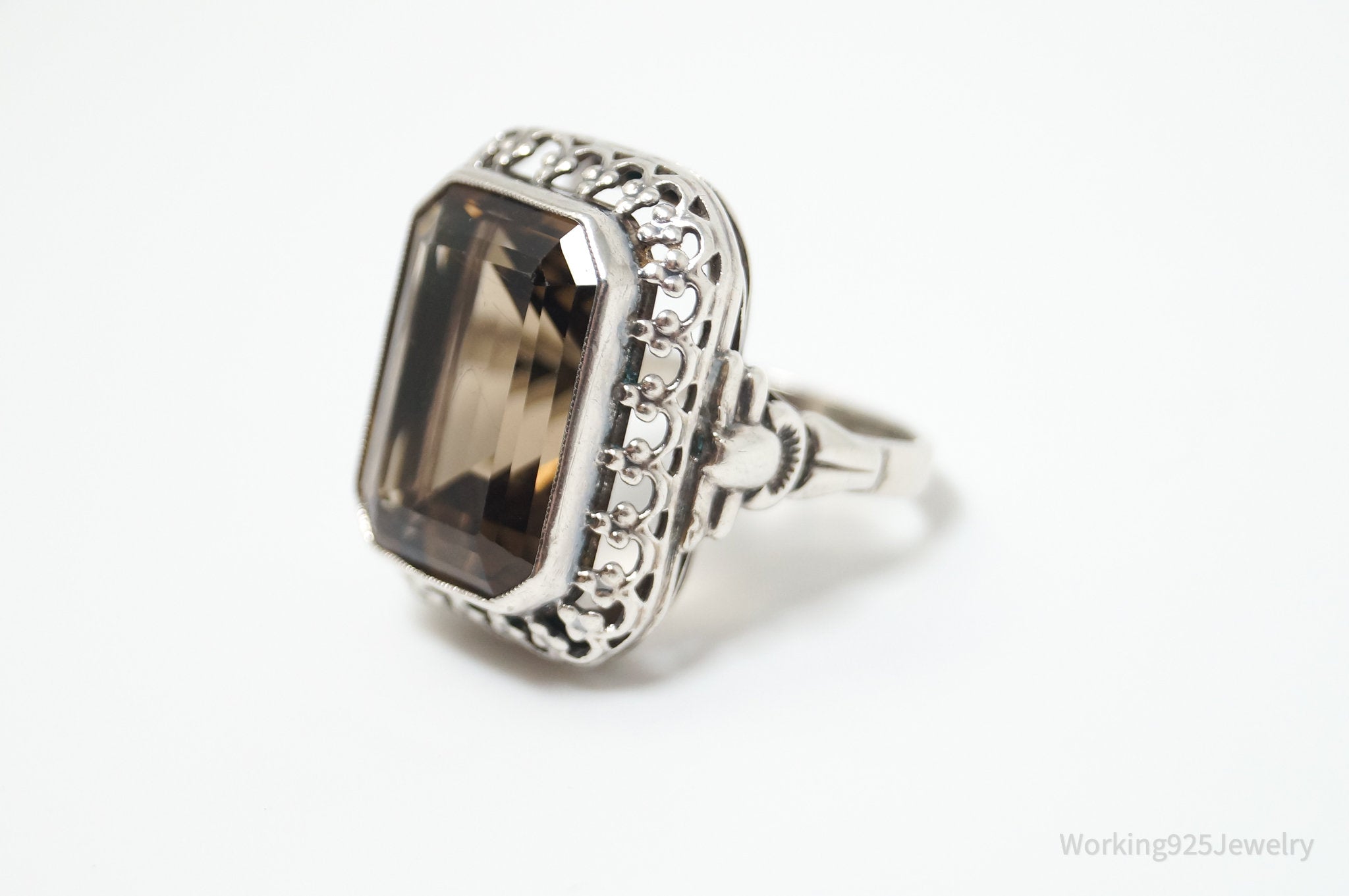 Vintage Large Smoky Topaz 835 Silver Ornate Statement Ring - Sz 6