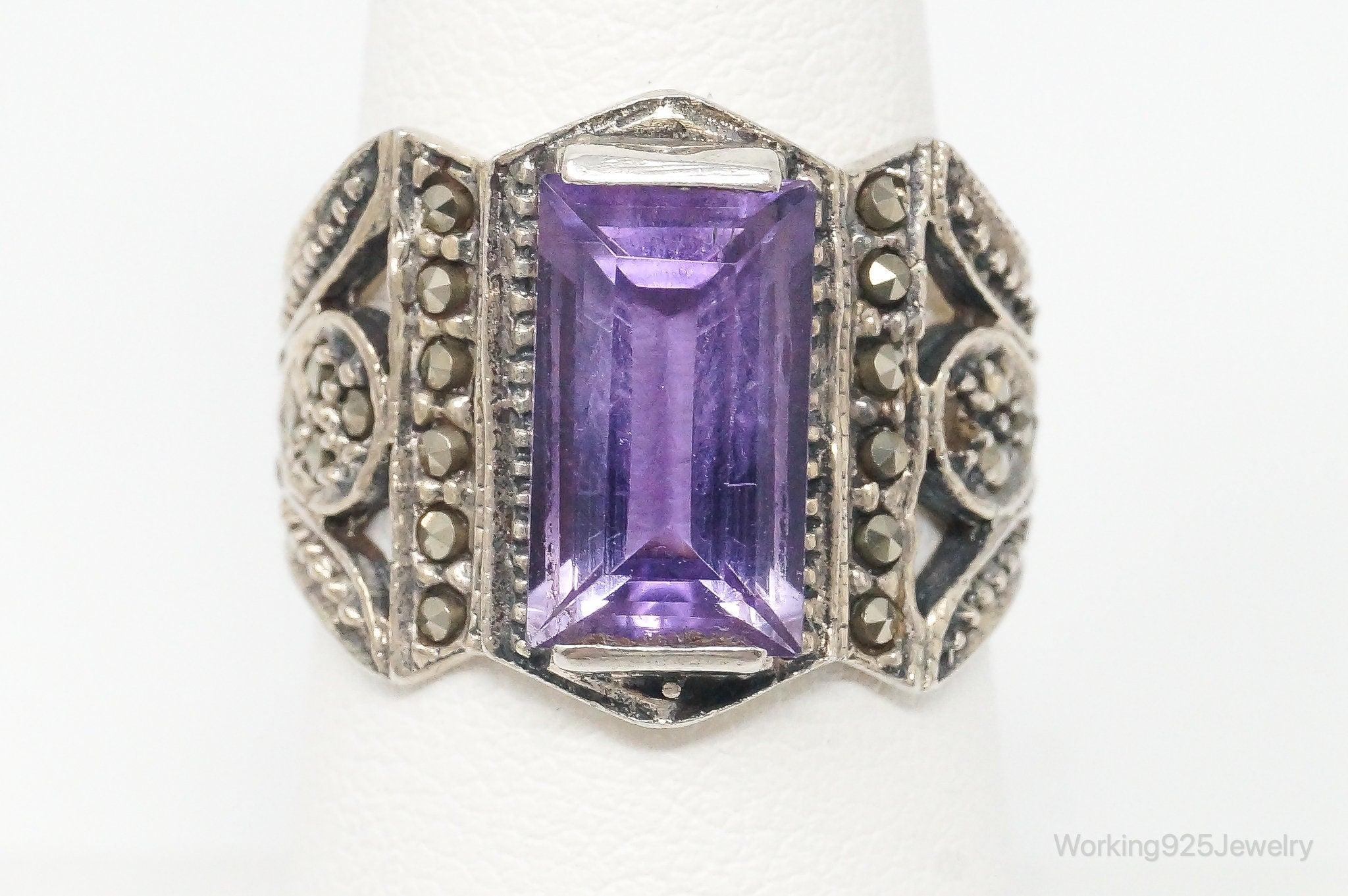 Vintage Large Amethyst Marcasite Sterling Silver Ring - Size 7.5