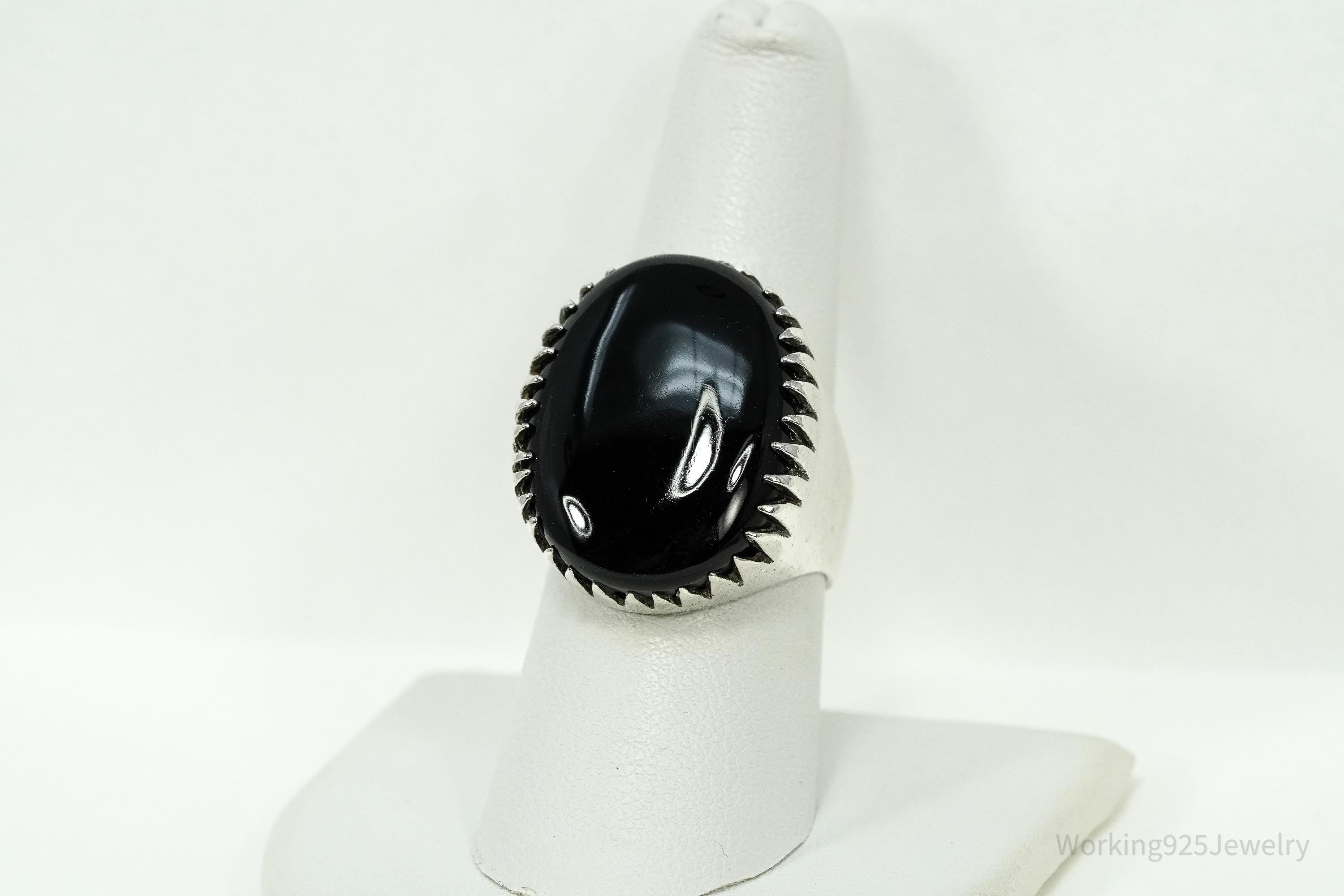 Vintage Large Black Onyx Sterling Silver Ring - Size 8.25