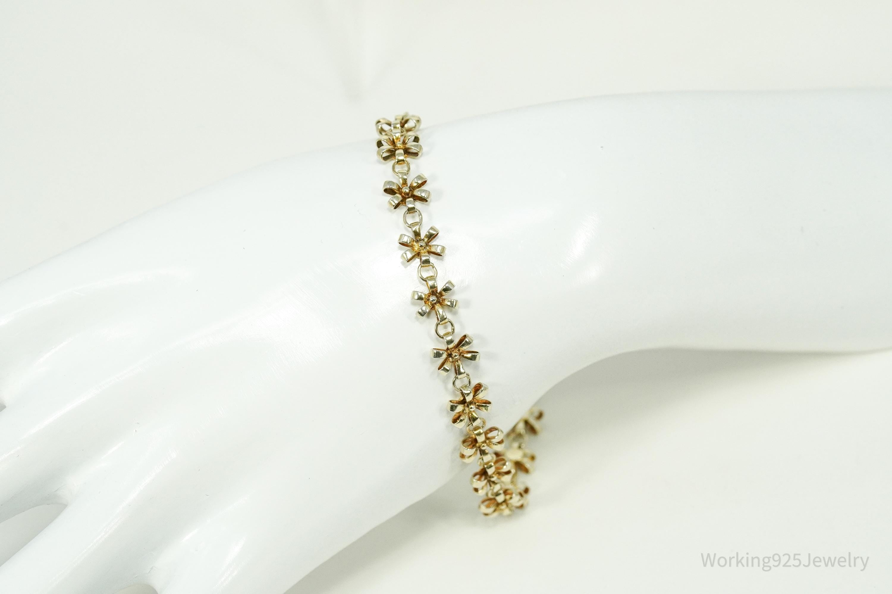 Vintage Flower Gold Vermeil Sterling Silver Bracelet 7.75"