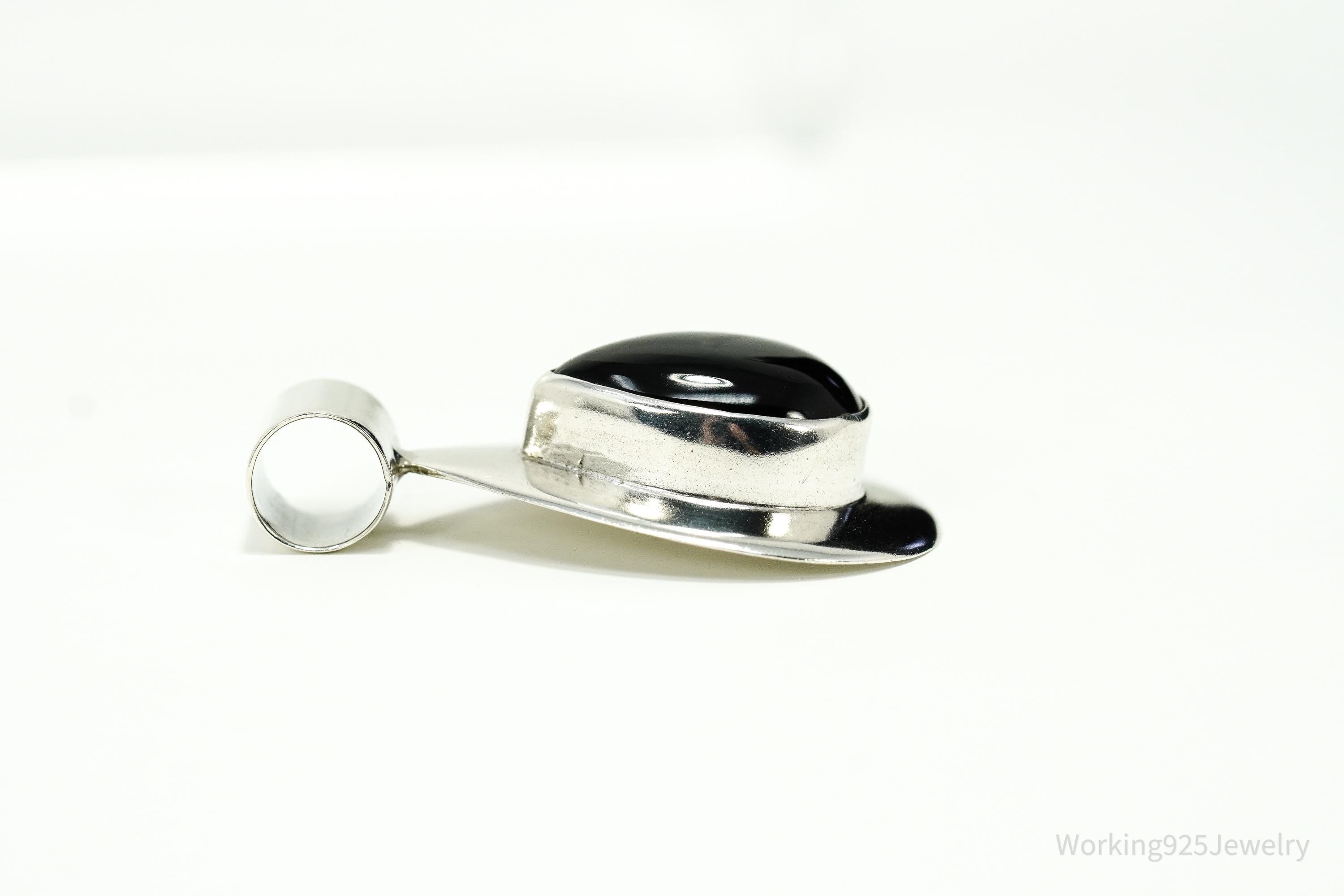 Vintage Large Mexico Modernist Black Onyx Sterling Silver Pendant