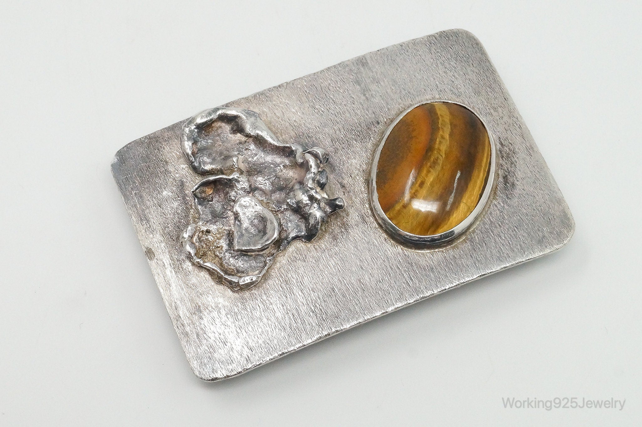 Vintage Modernist Tigers Eye Sterling Silver Belt Buckle