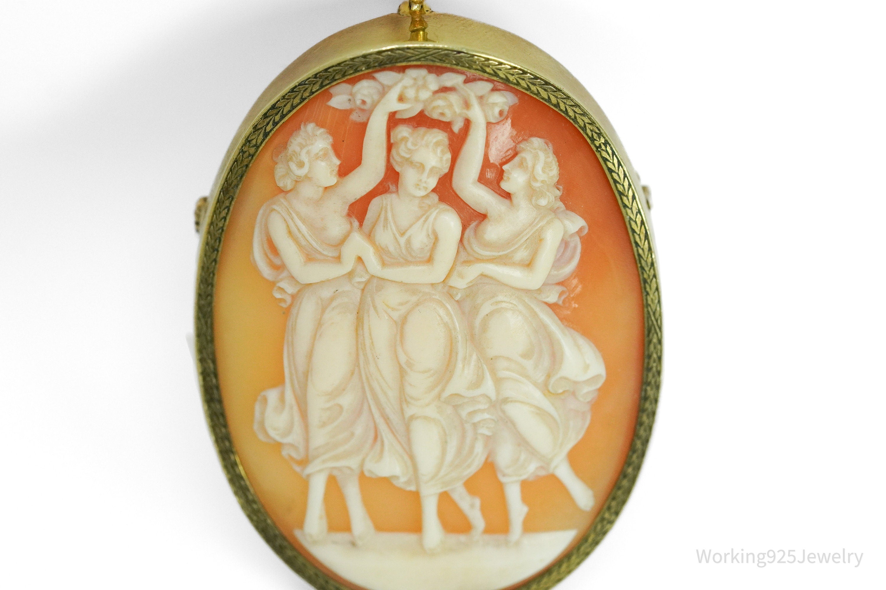 Antique 14K Yellow Gold Shell Cameo Brooch Pin Pendant