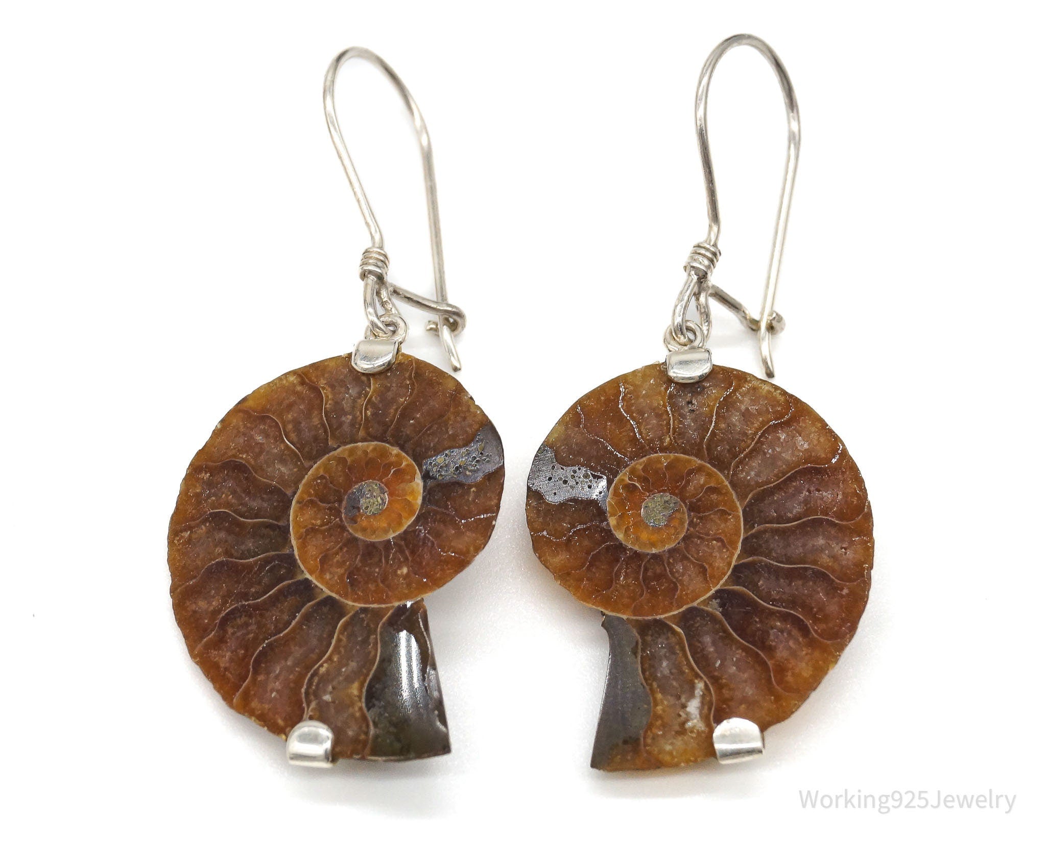 Vintage Large Ammonite Fossil Shell Silver Earrings