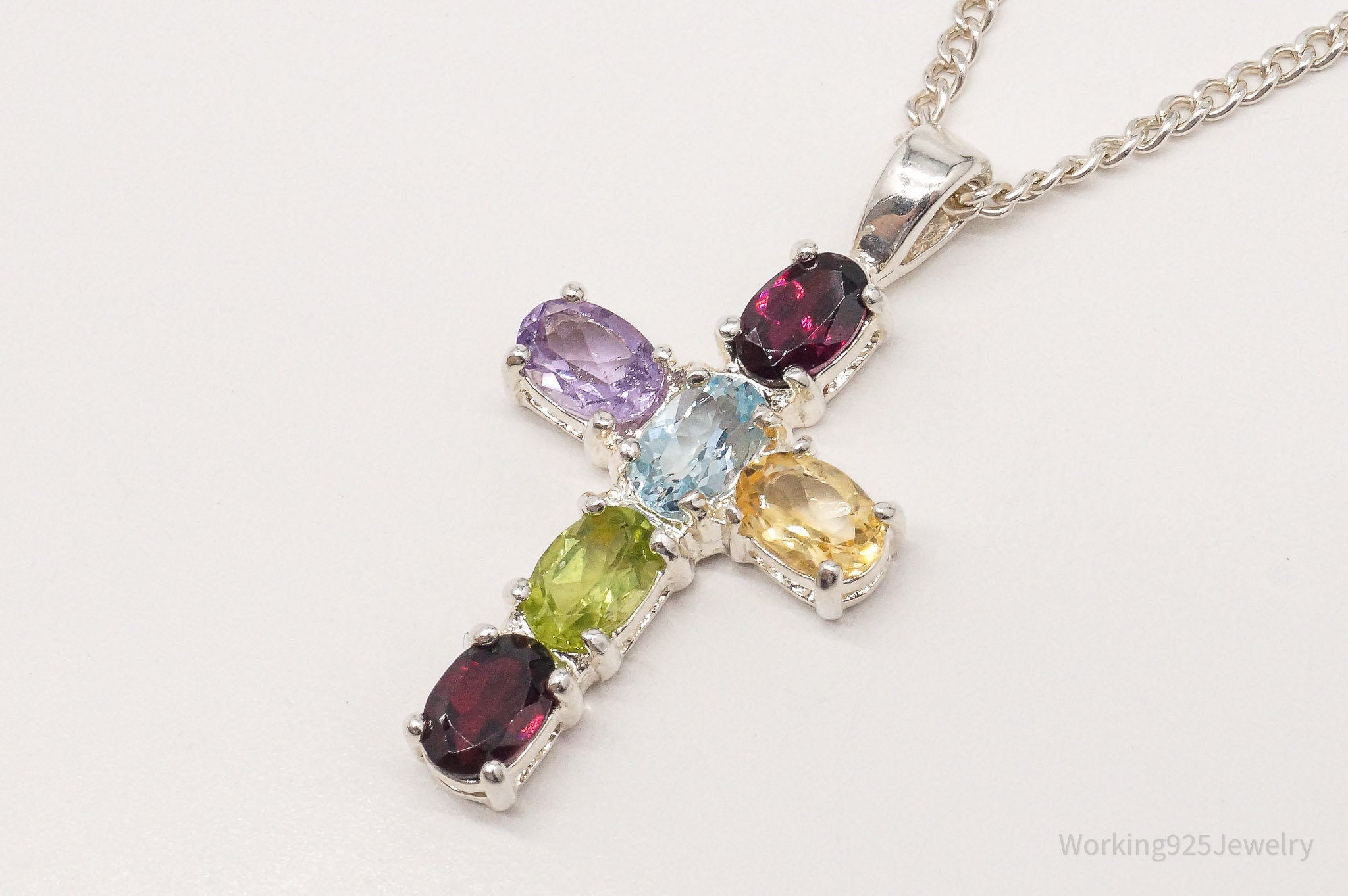 Vintage Multi Gemstone Cross Sterling Silver Necklace 16"