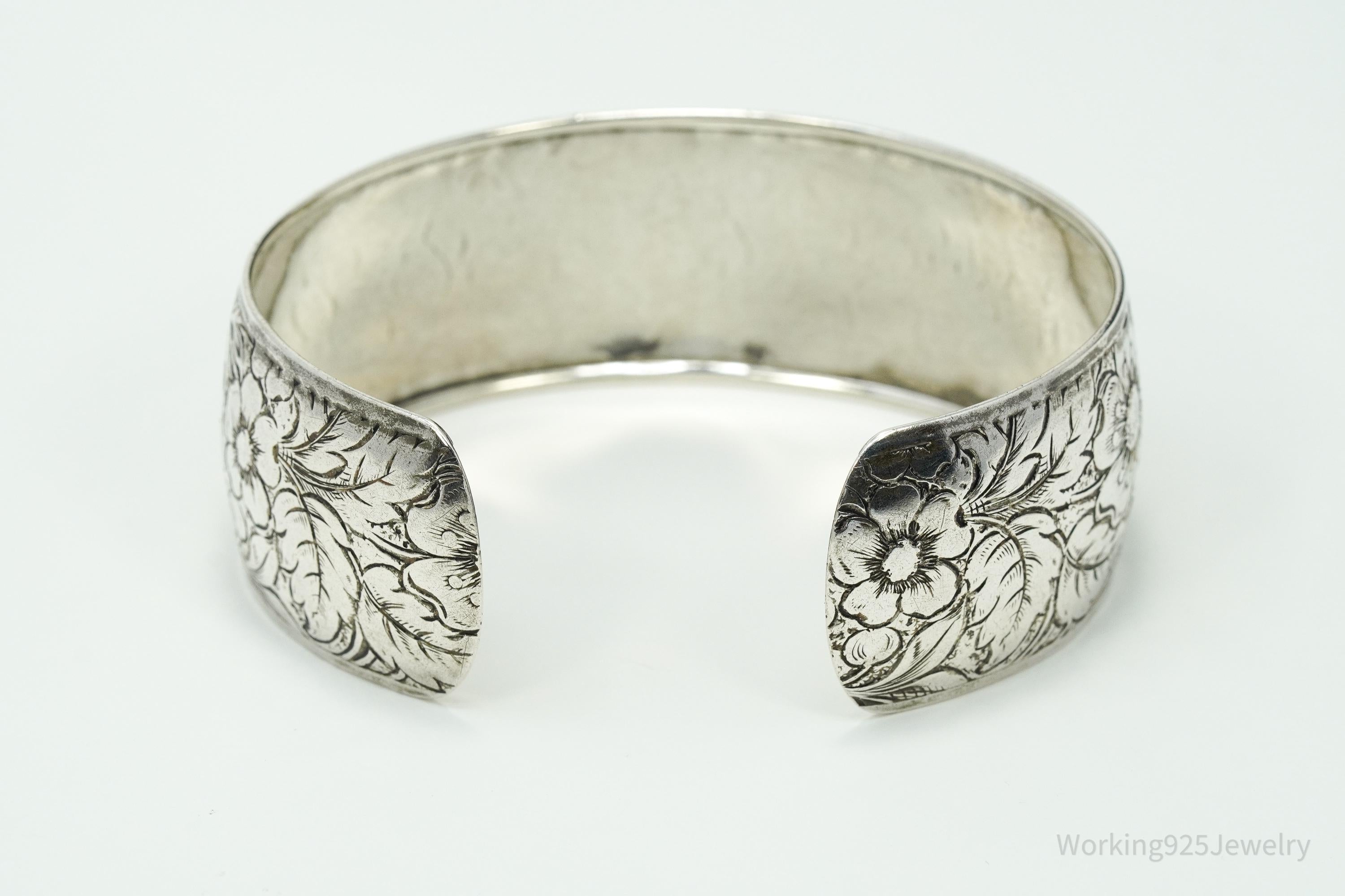 Antique Art Nouveau Floral Pattern Sterling Silver Cuff Bracelet - 7.5"
