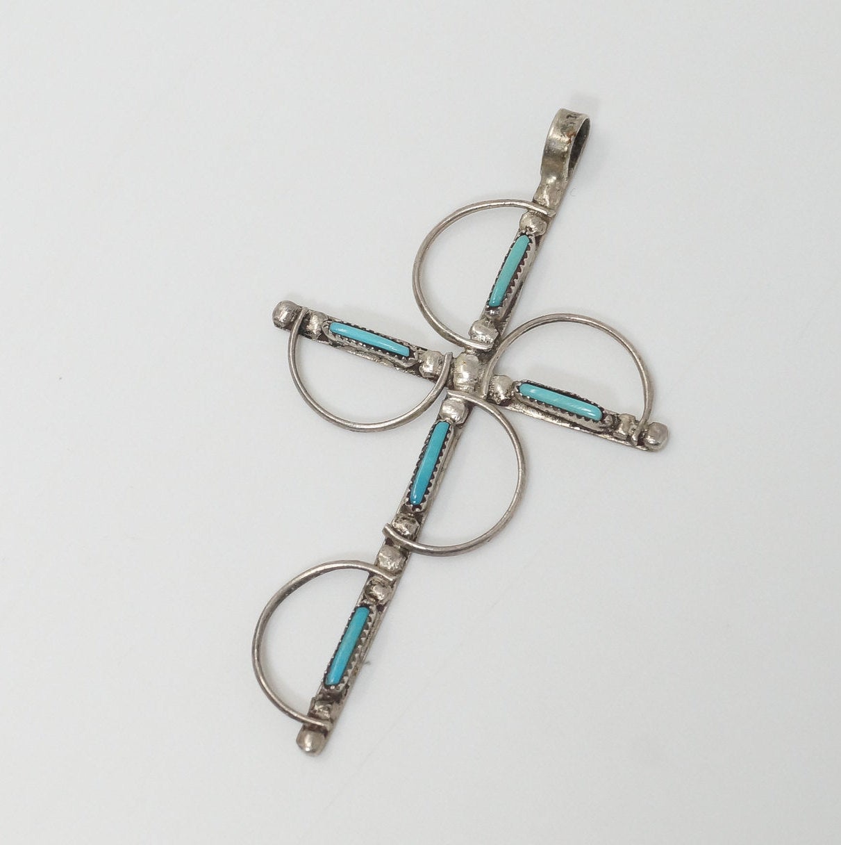 Vintage Native American Unsigned Turquoise Sterling Silver Cross Pendant