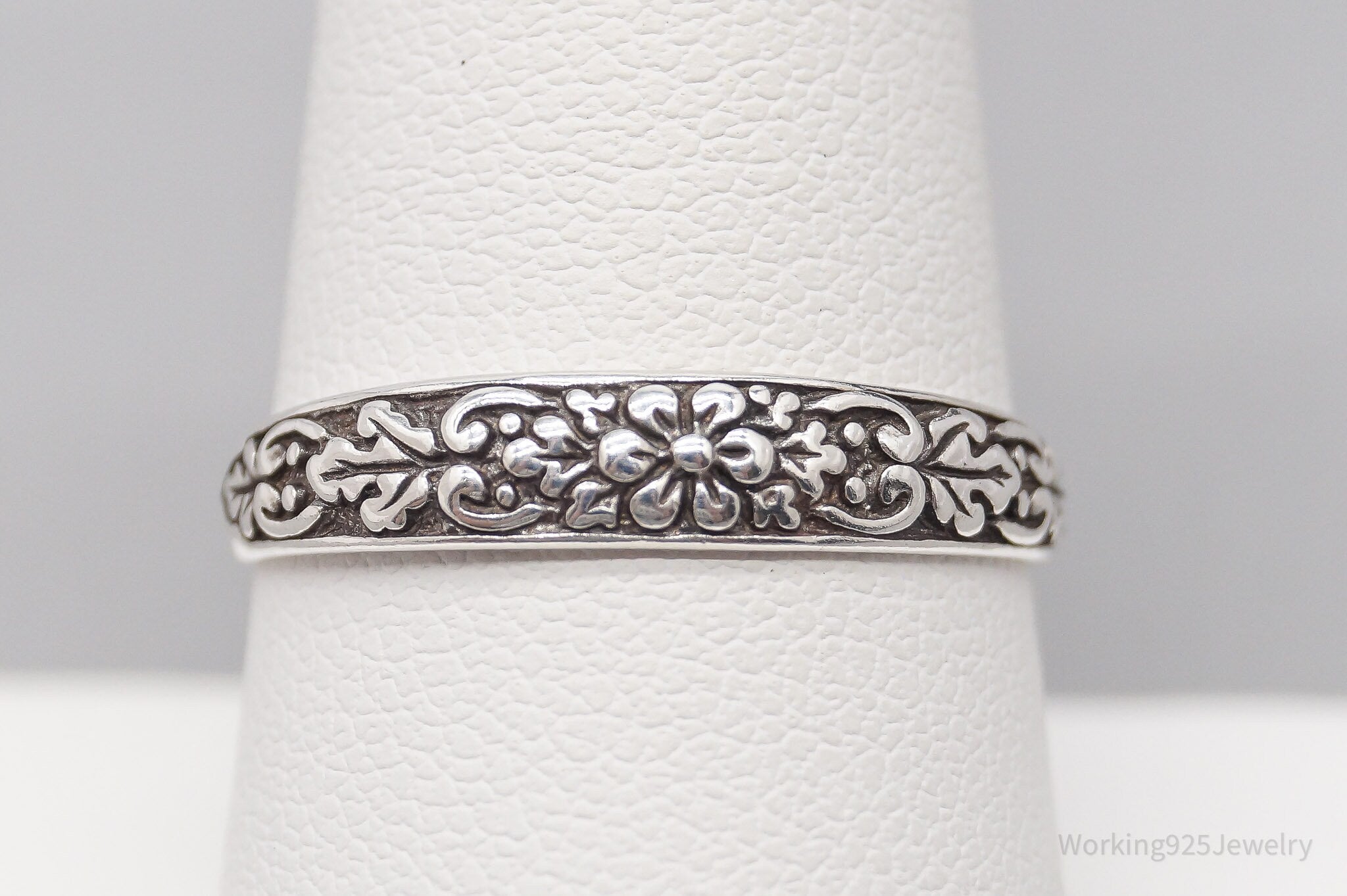 Vintage Art Nouveau Floral Style Sterling Silver Band Ring - Size 9