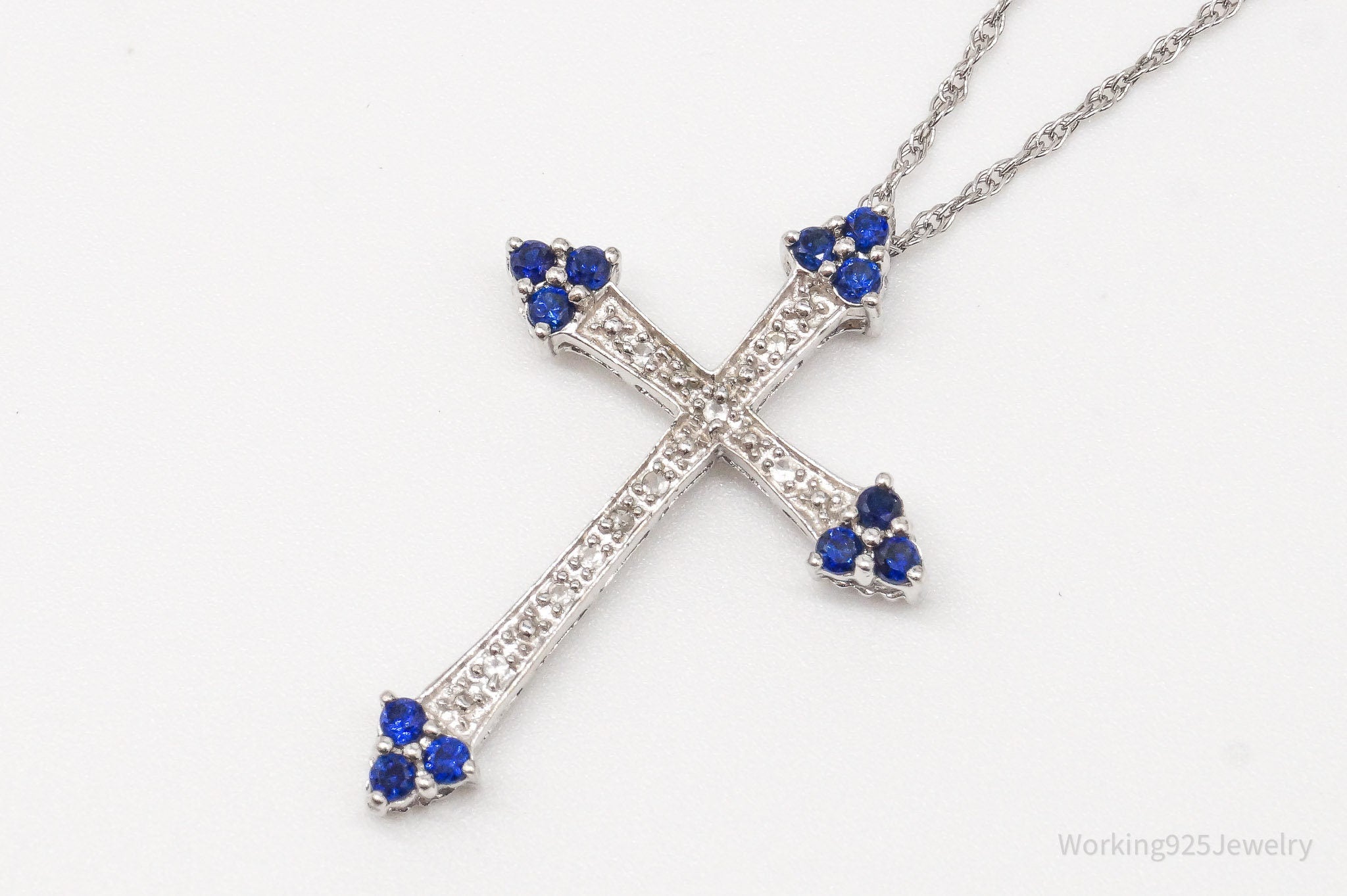 Vintage Lab Sapphire White Topaz Cross Sterling Silver Necklace 18"