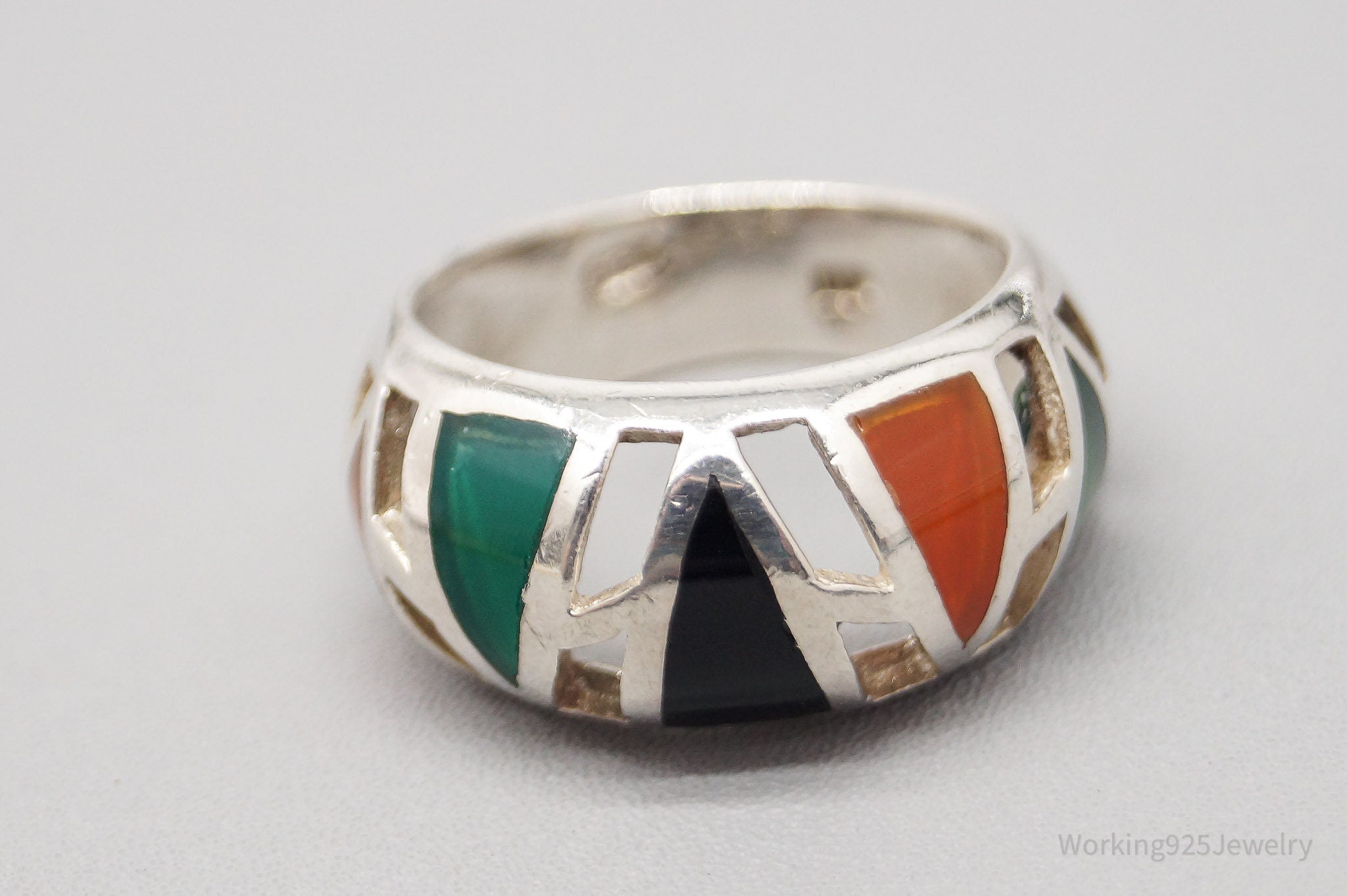 Vintage Multi Color Onyx Inlay Sterling Silver Ring - Size 6