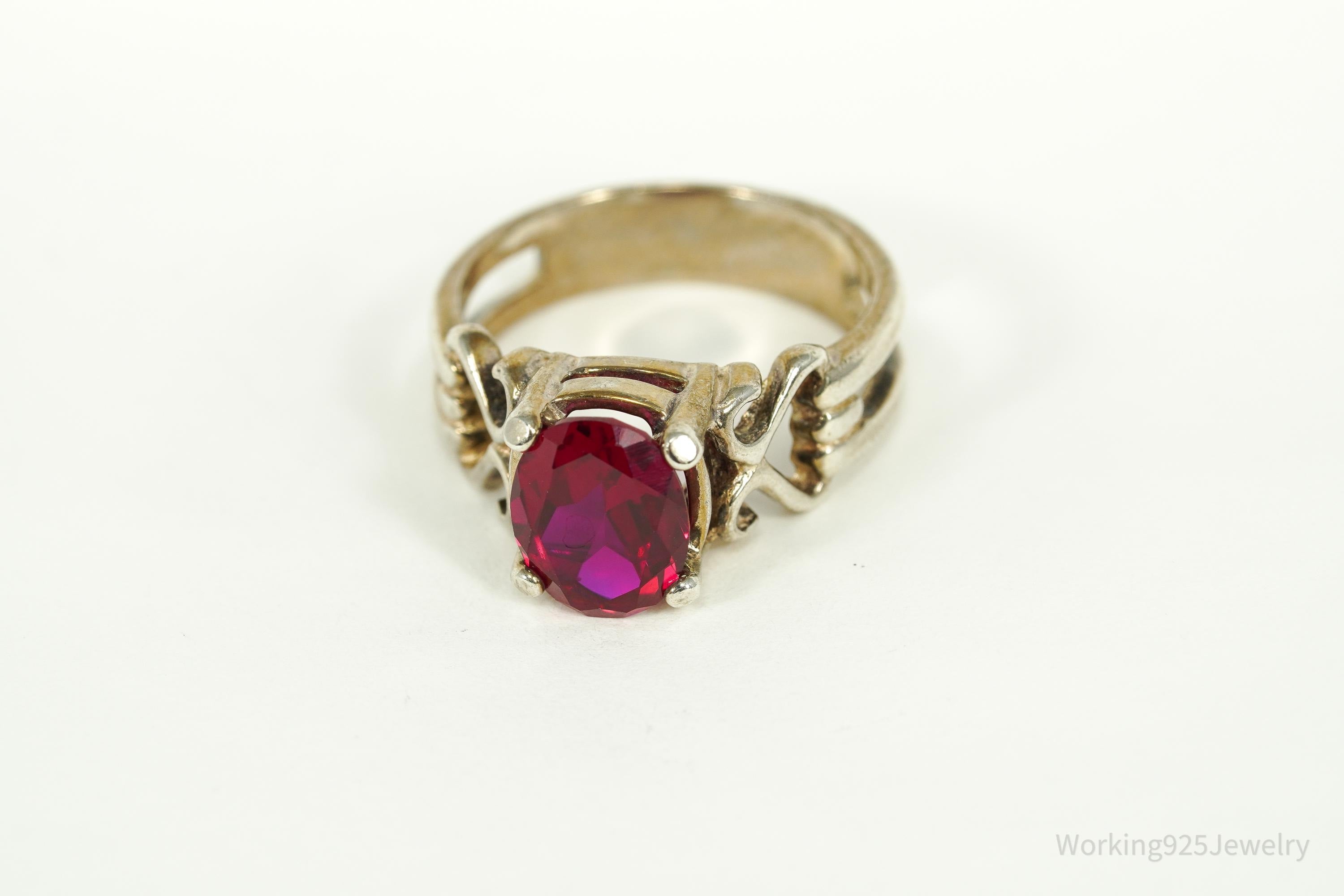 Vintage Lab Ruby Sterling Silver Ring - Size 8.25