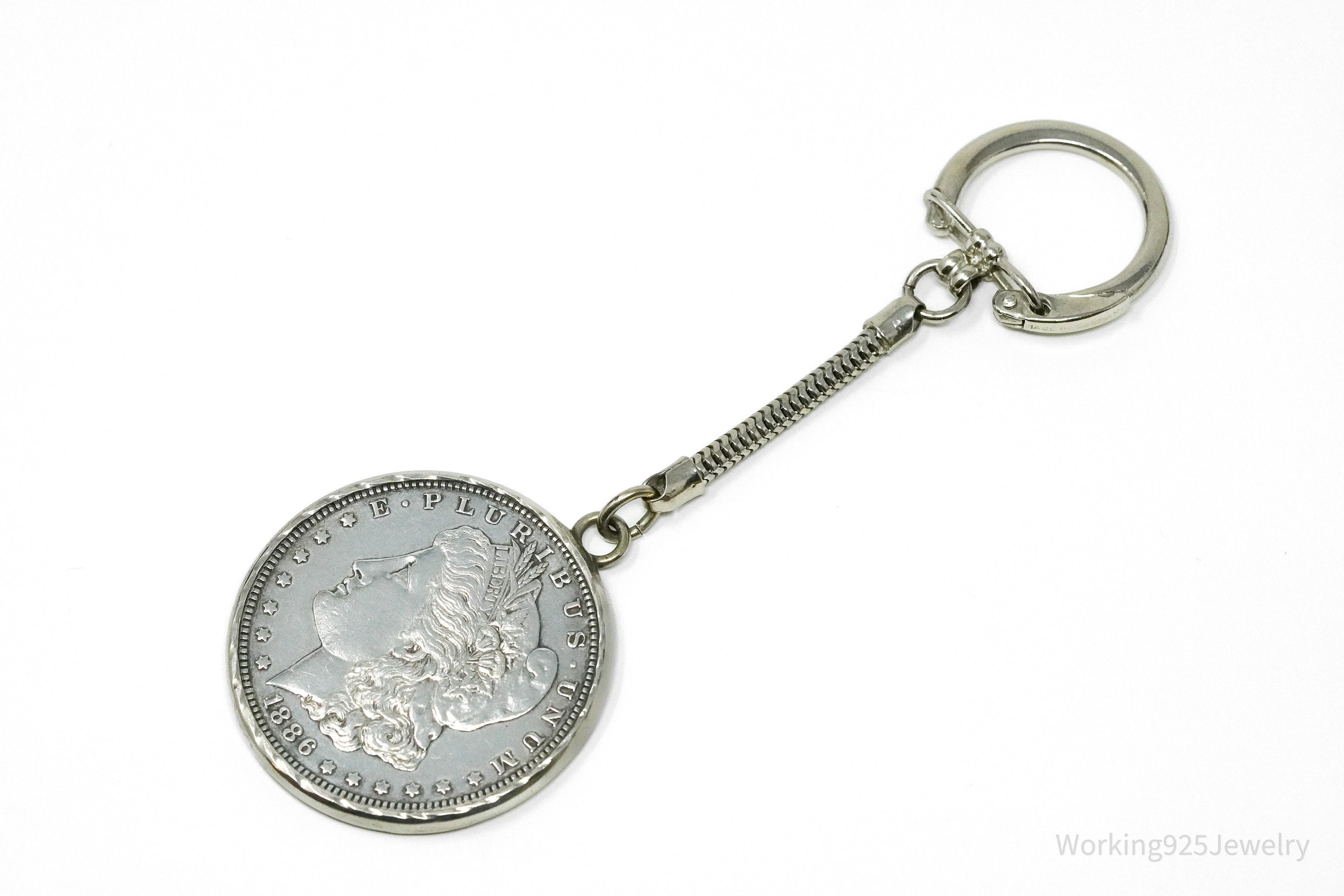 Antique 1886 Morgan Silver Dollar Coin Sterling Silver Keychain