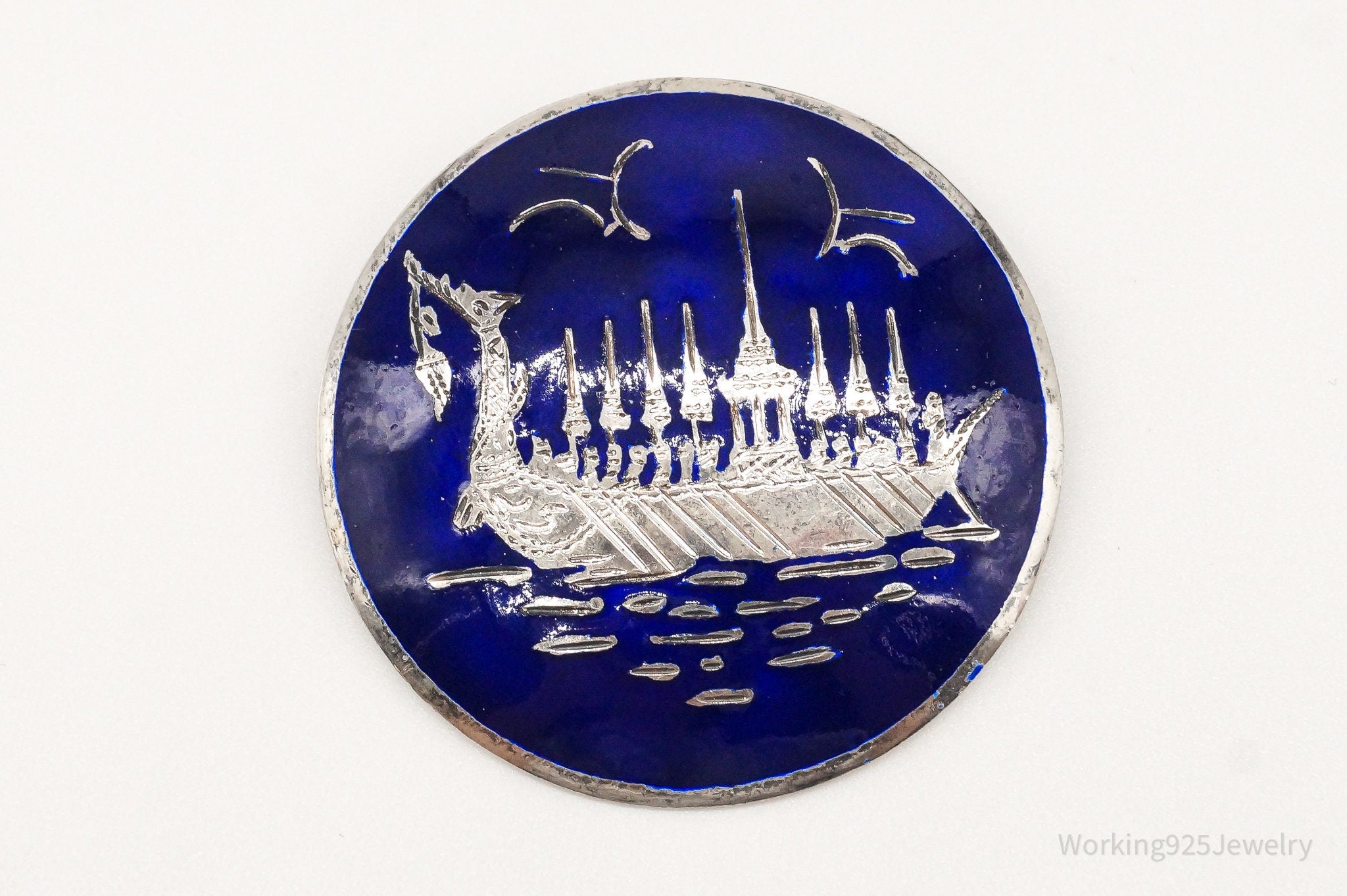 Vintage Siam Suphanahongse Viking Ship Enamel Sterling Silver Brooch