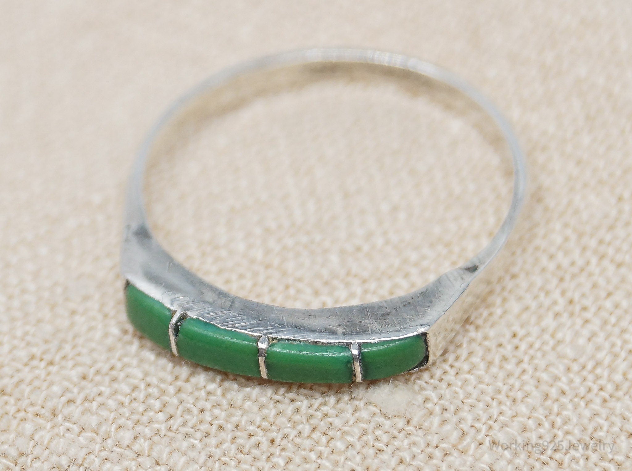 Vintage Native American Turquoise Inlay Silver Band Ring - Size 6.75