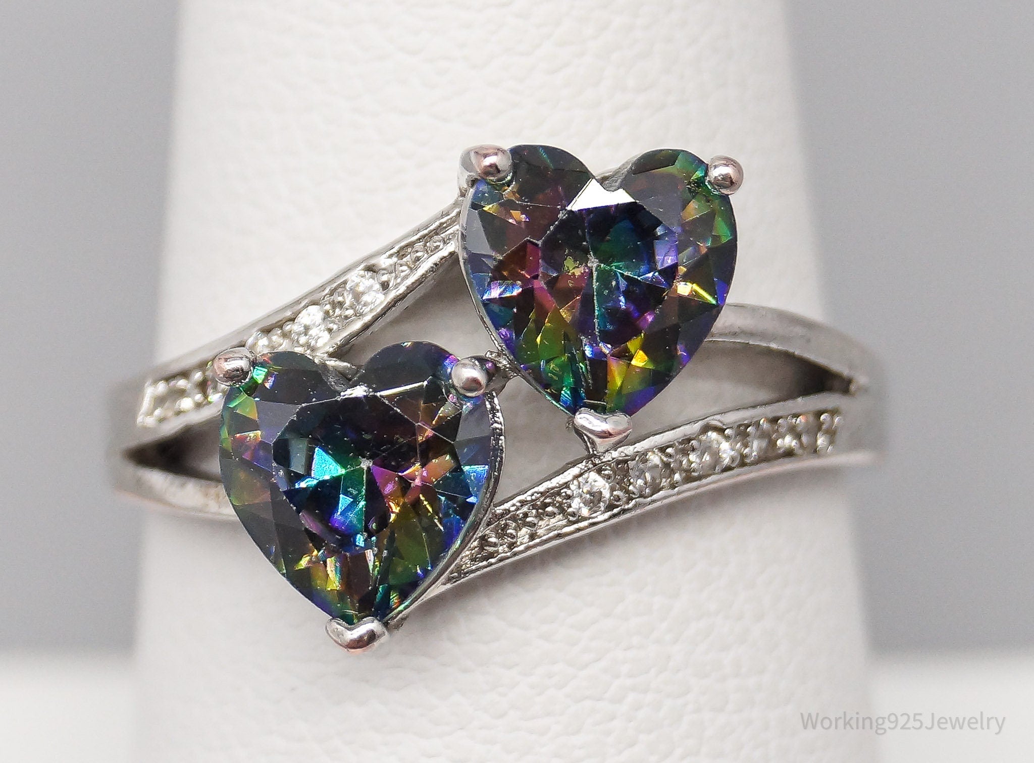 Vintage Faux Mystic Topaz Hearts & Cubic Zirconia Sterling Silver Plated Ring SZ 8