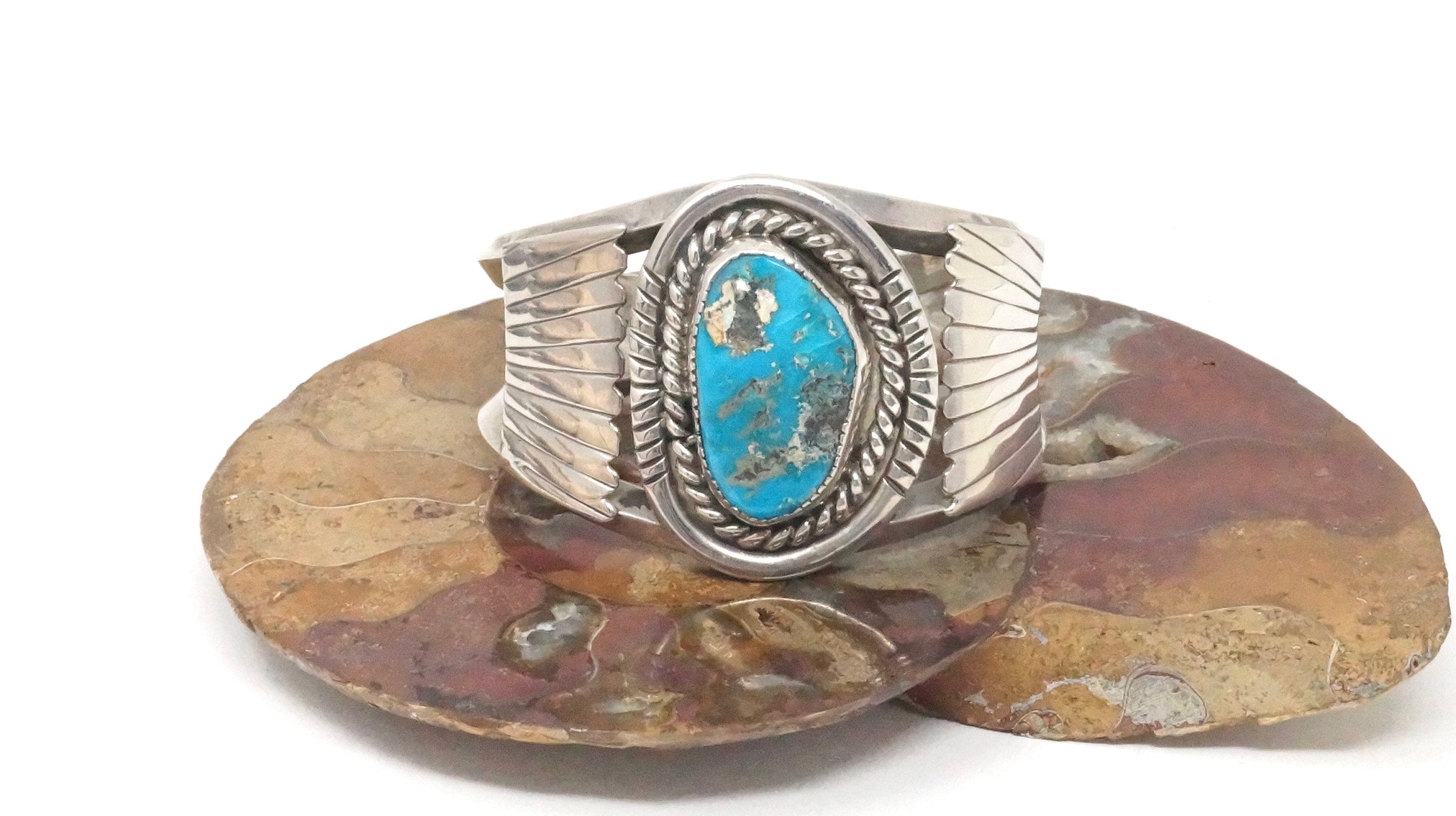 Vintage Native American WF Large Turquoise Rope Sterling Silver Cuff Bracelet