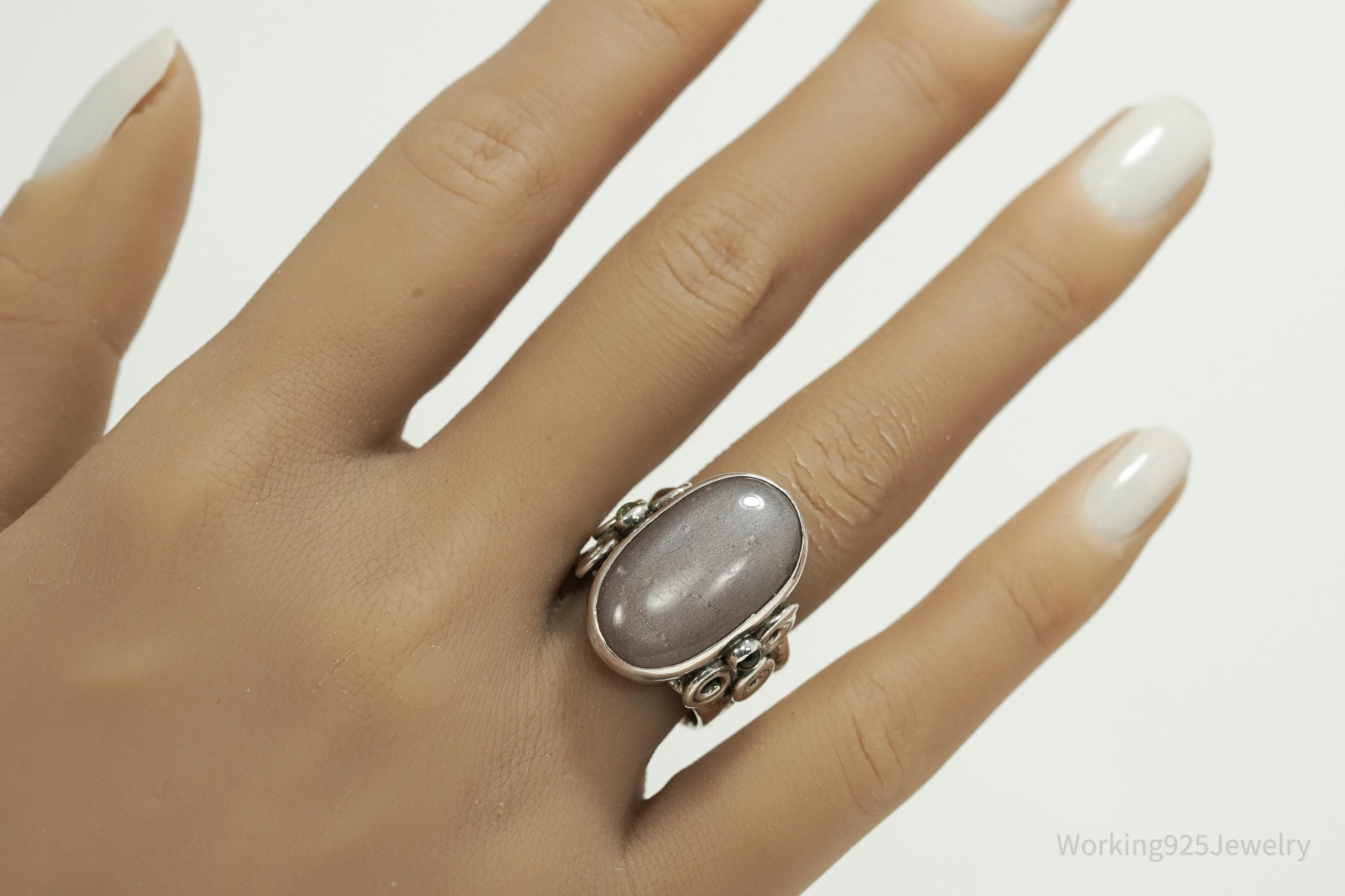 Vintage Gray Moonstone & Peridot Sterling Silver Ring Size 8