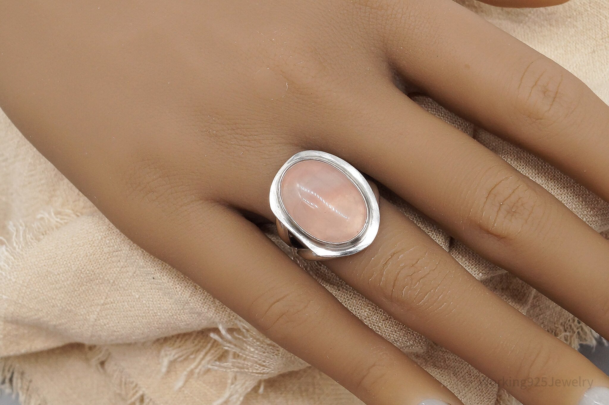 Vintage Rose Quartz Sterling Silver Ring - Size 7.75