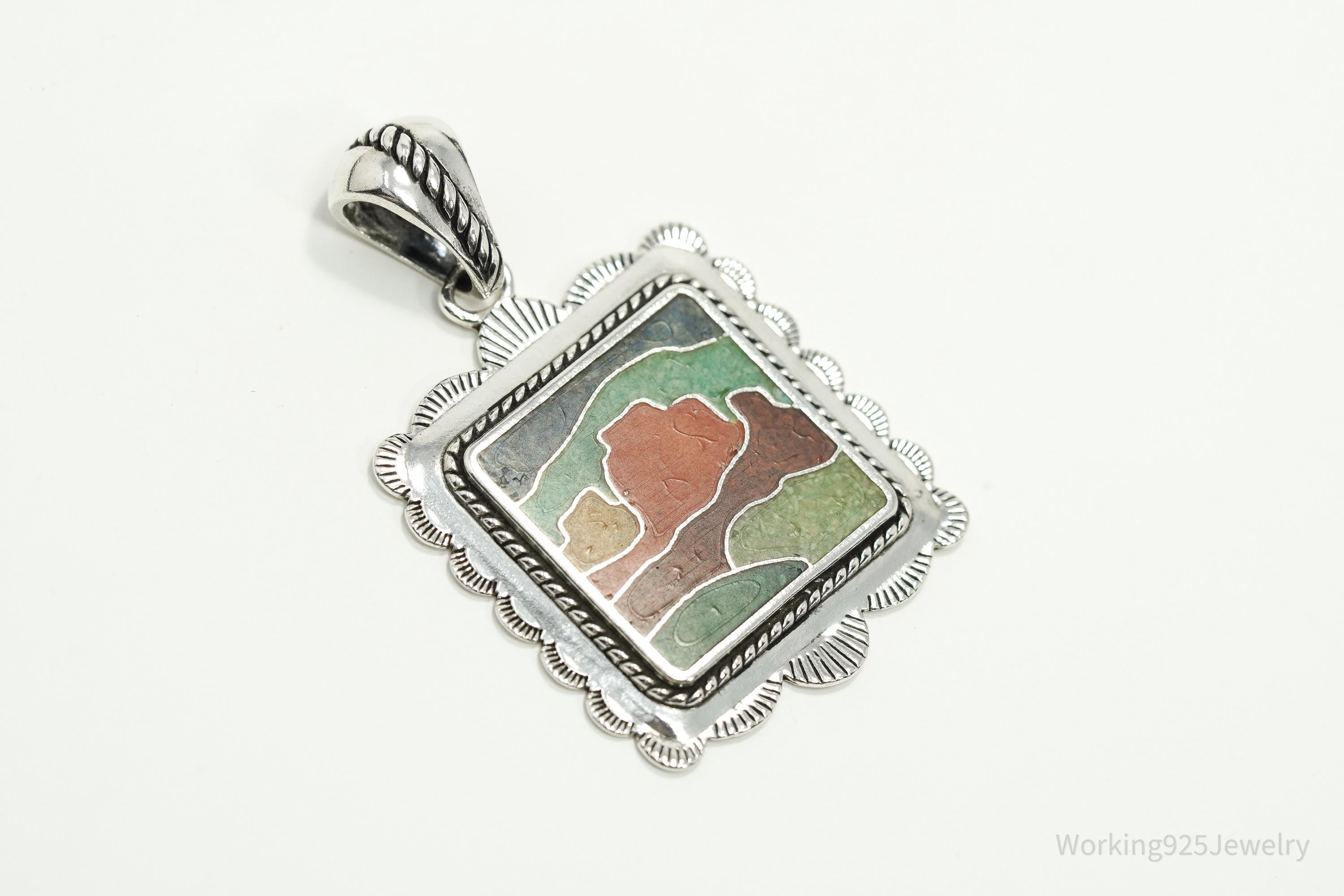 Large Vintage Carolyn Pollack Relios Desert Scene Multi Gem Inlay Sterling Silver Pendant