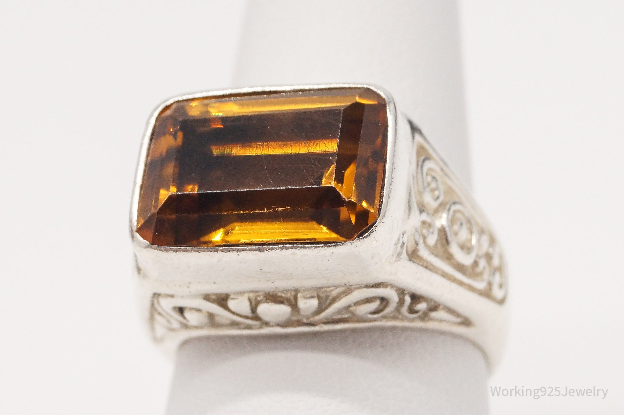 Vintage Large Citrine Sterling Silver Ring - Size 7.5