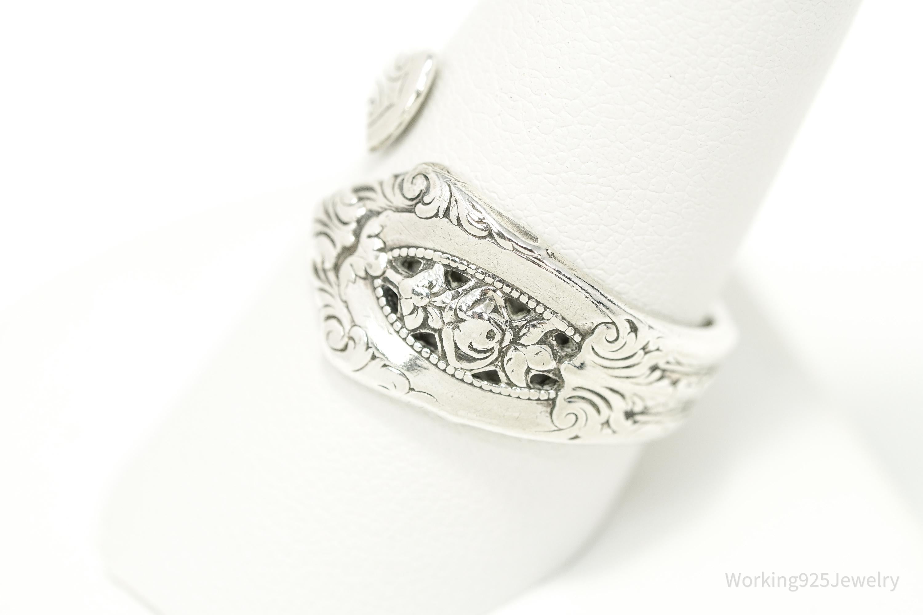 Antique WALLACE Floral Sterling Silver Spoon Ring - Size 9.5