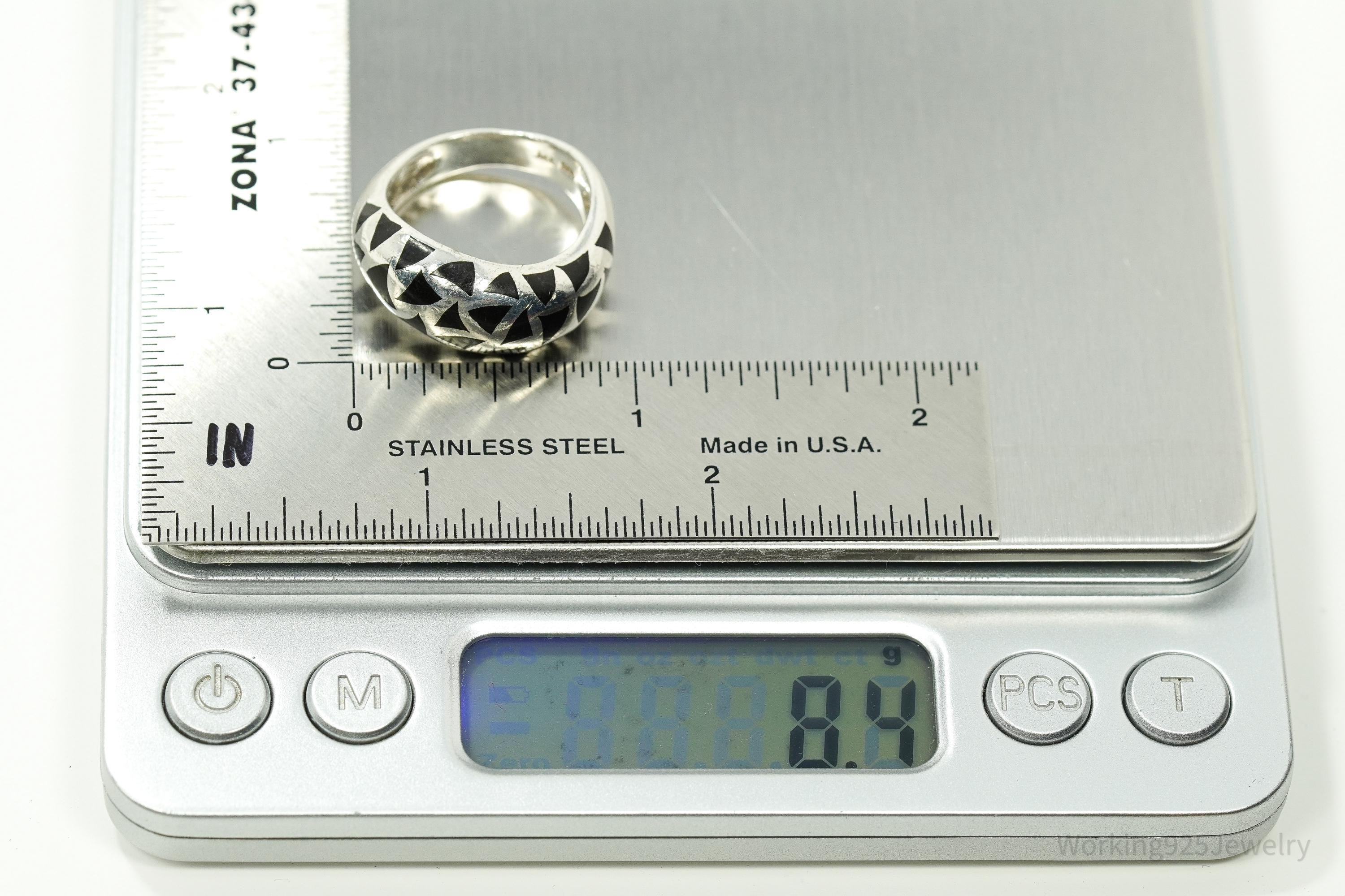 Vintage Black Enamel Shapes Design Sterling Silver Ring - Size 8