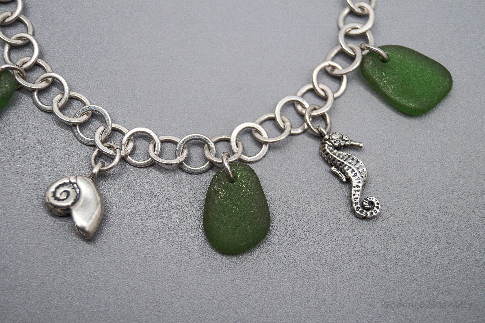Vintage Ocean & Green Sea Glass Charms Sterling Silver Bracelet - 7.75"