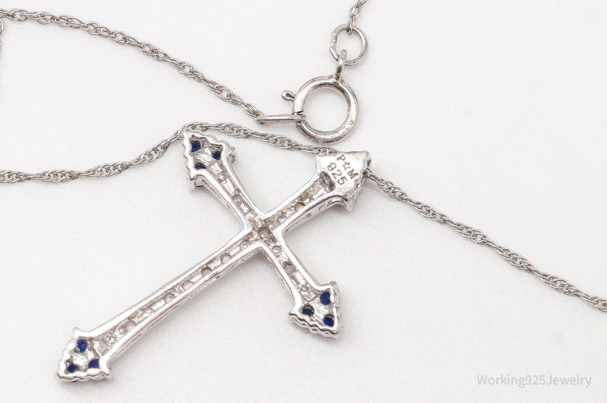 Vintage Lab Sapphire White Topaz Cross Sterling Silver Necklace 18"