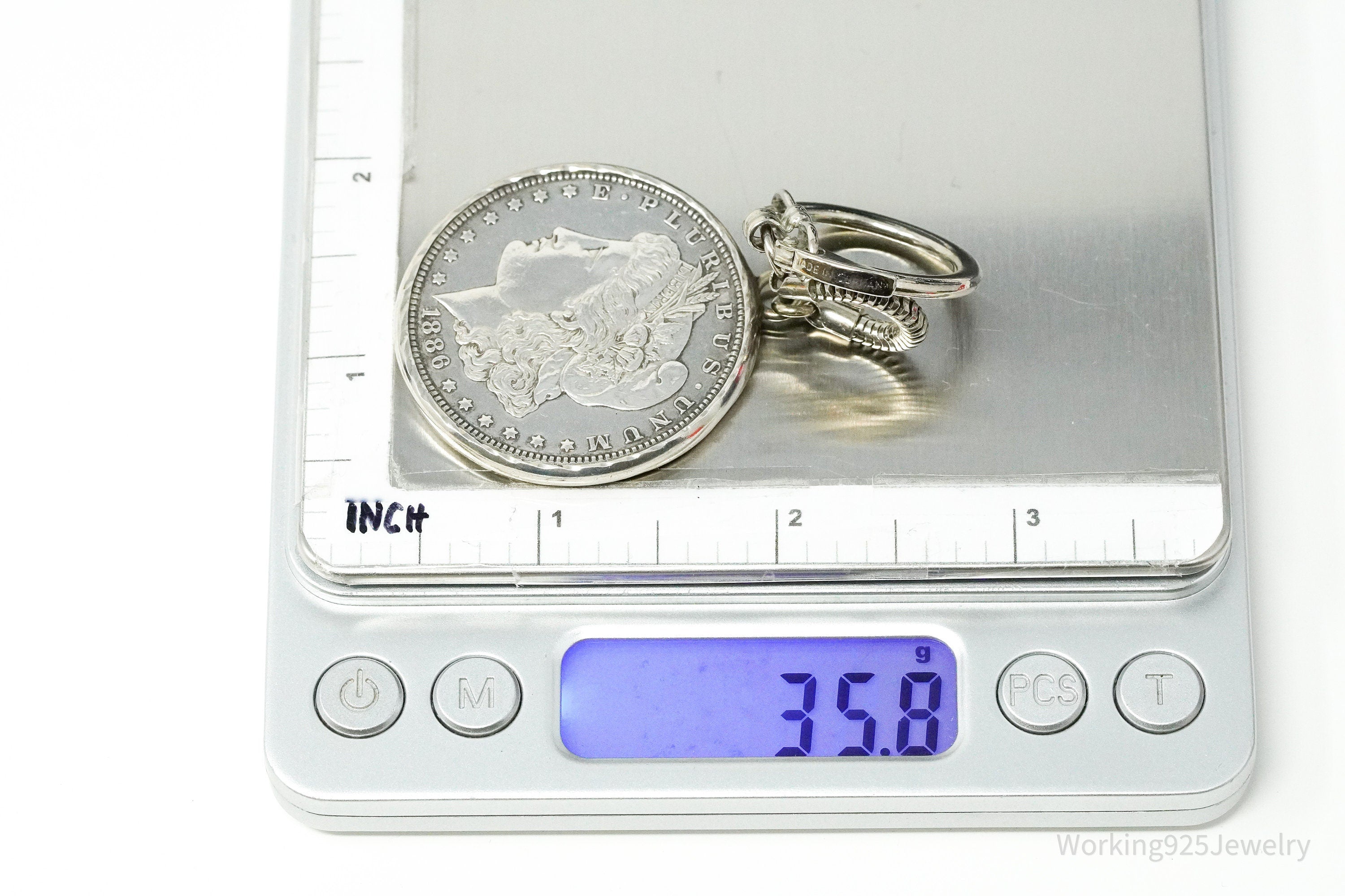 Antique 1886 Morgan Silver Dollar Coin Sterling Silver Keychain