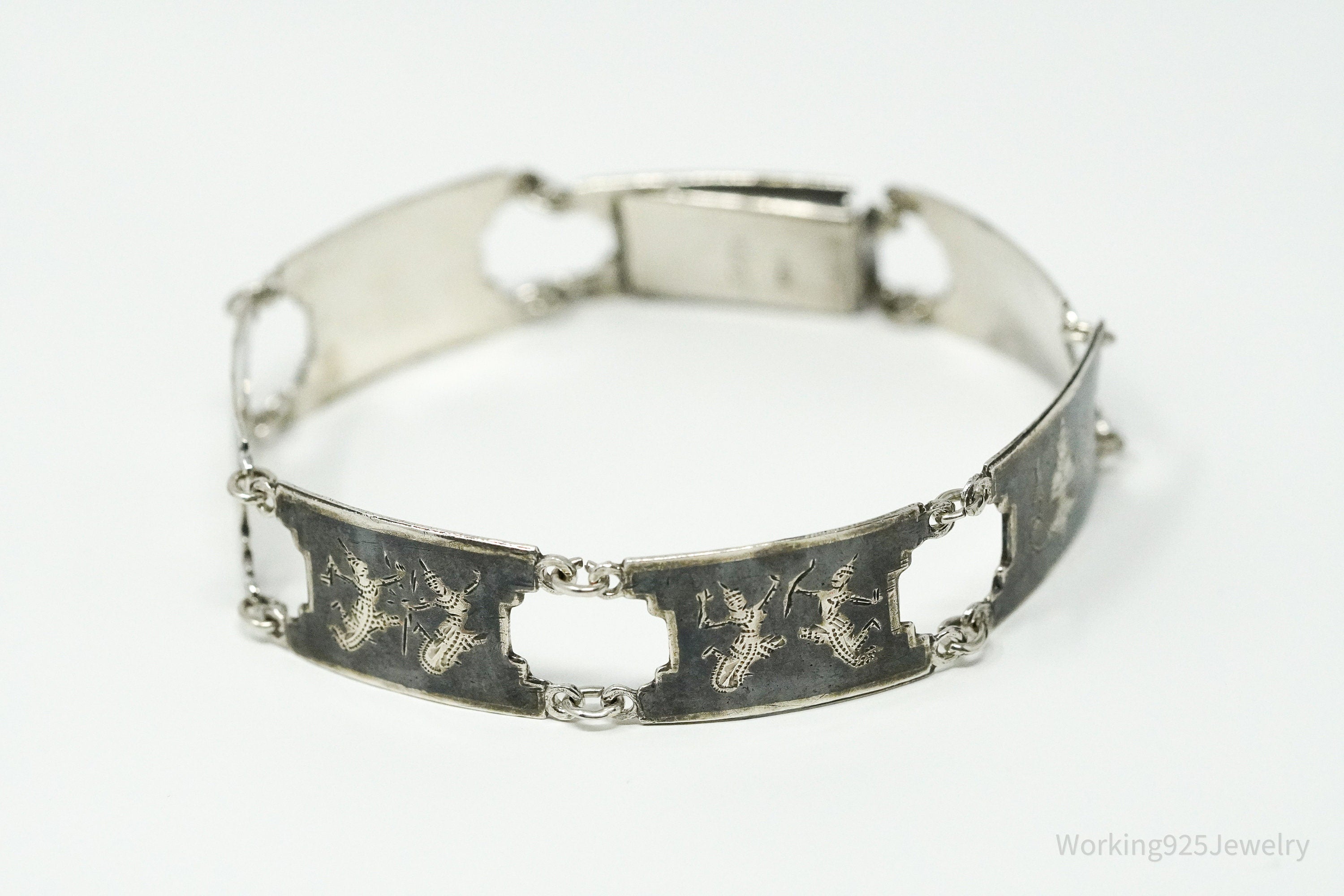 Vintage SIAM Enamel Lightening Dancers Sterling Silver Bracelet 7.25"