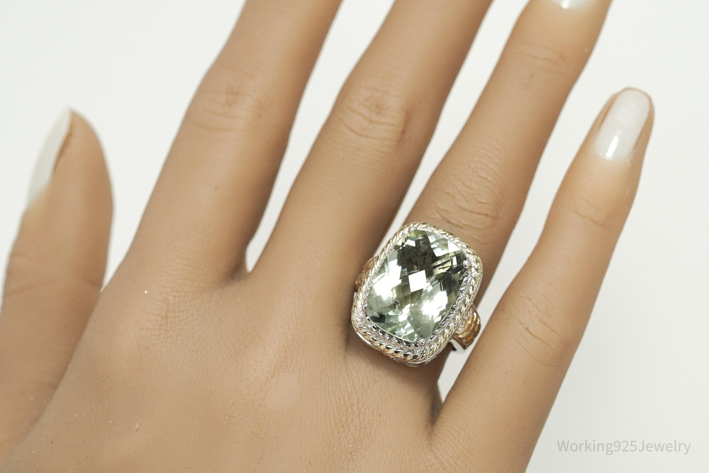 Vintage Large Prasiolite Gold Vermeil Sterling Silver Statement Ring - Size 8.25