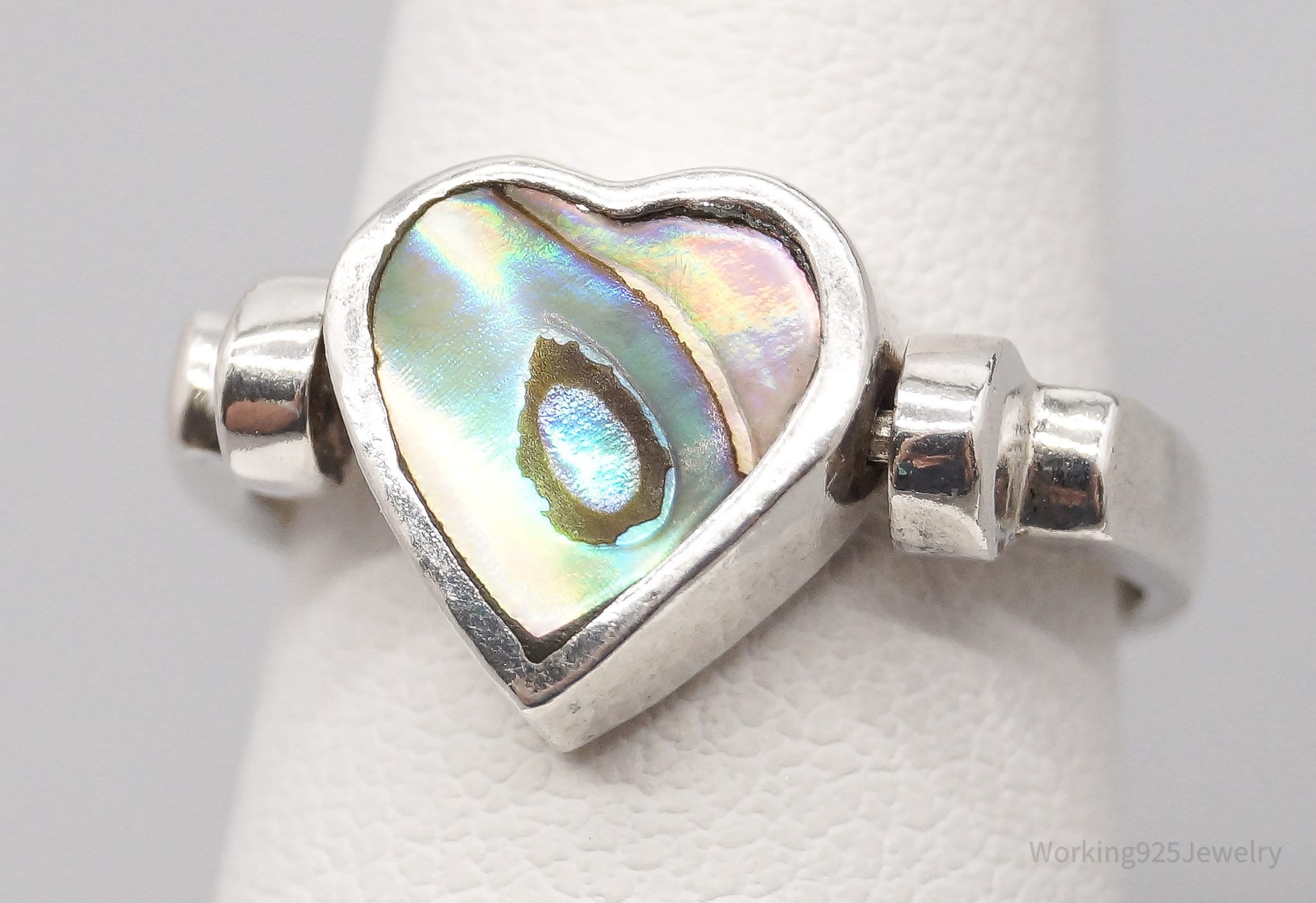 Vintage Spinning Paua Abalone Shell Heart Sterling Silver Ring - Size 5.75