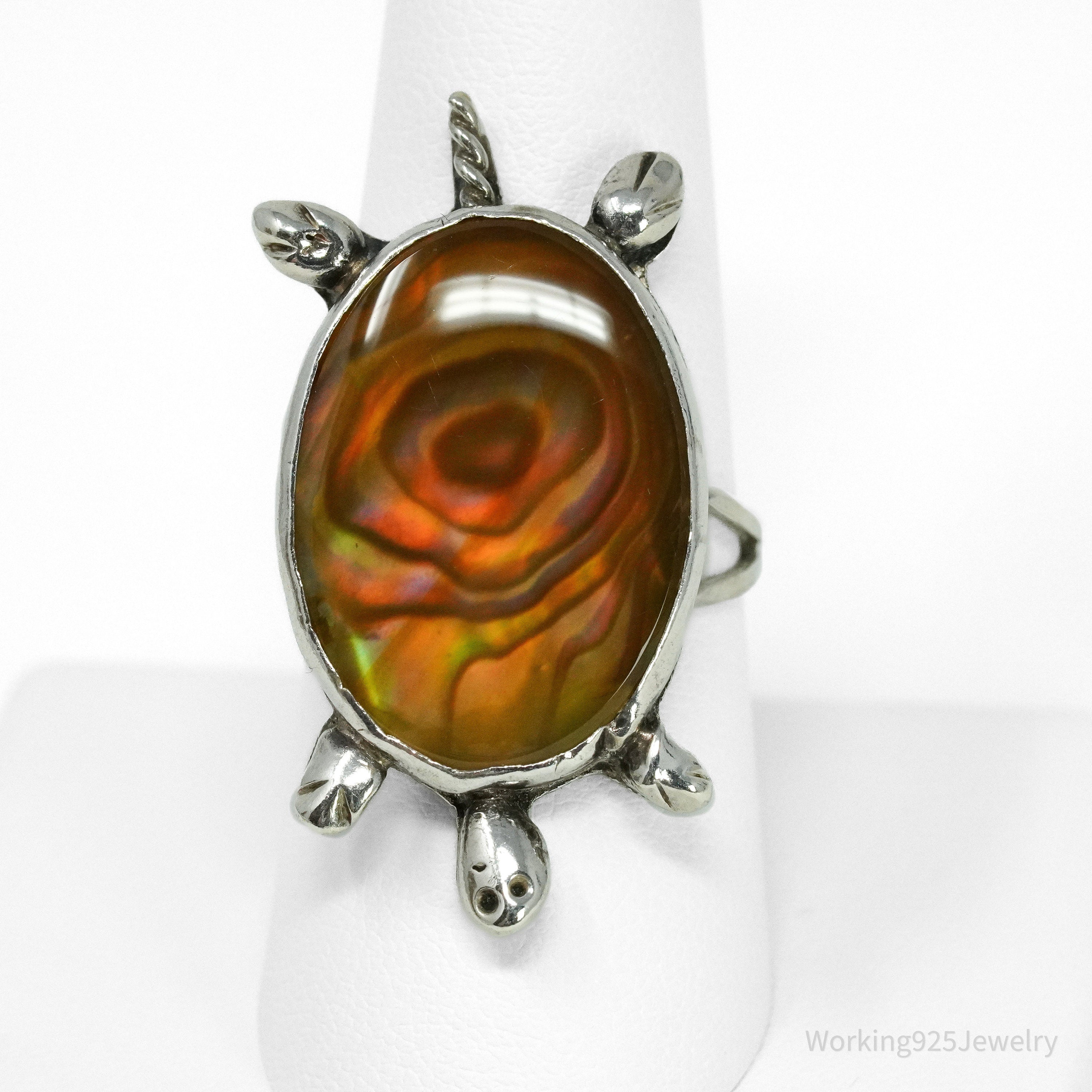 Vintage Abalone Paua Shell Inlay Turtle Silver Ring - Size 8.5