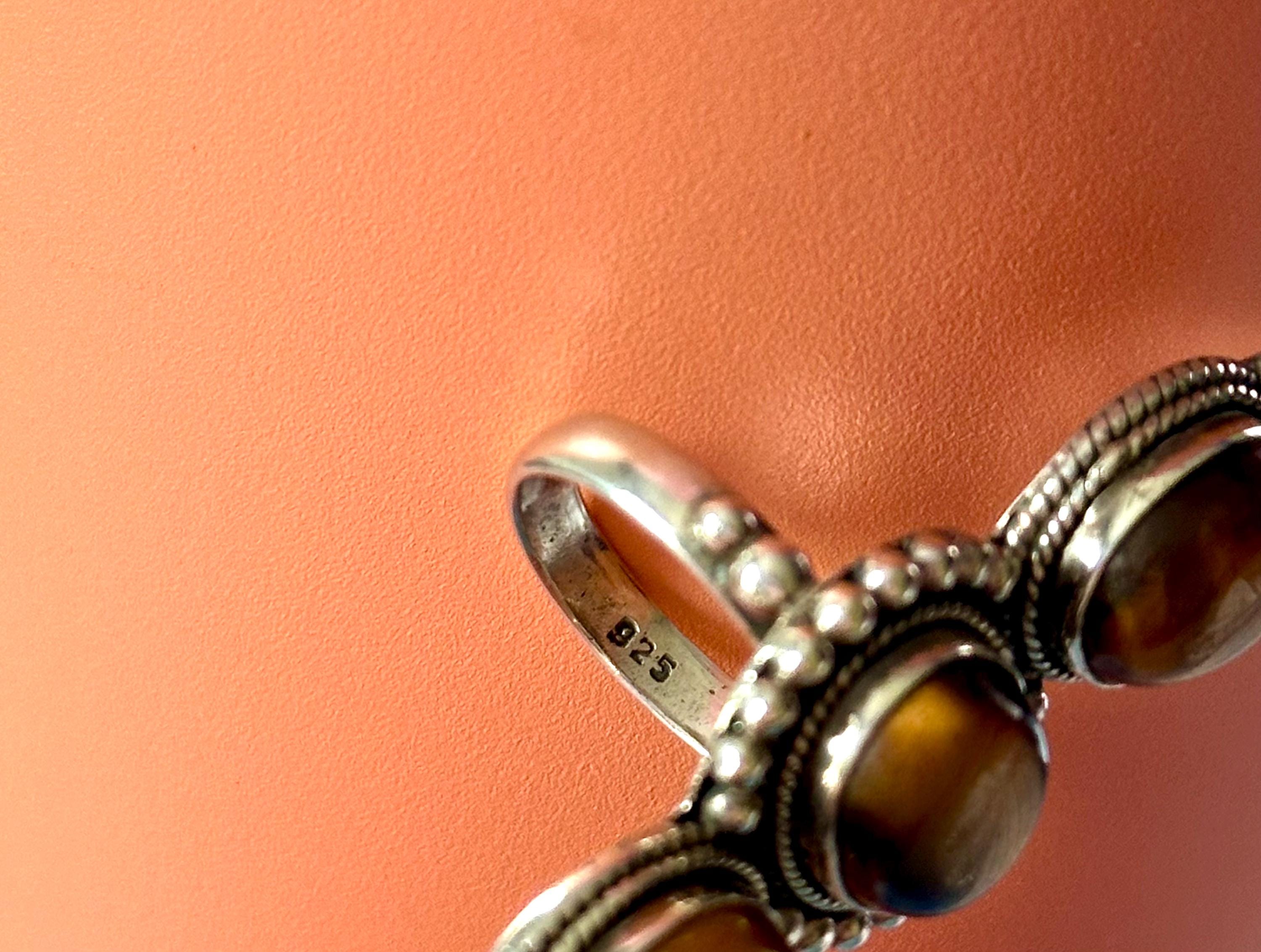 Vintage Boho Tiger’s Eye Sterling Silver Long Statement Ring – Size 7.25