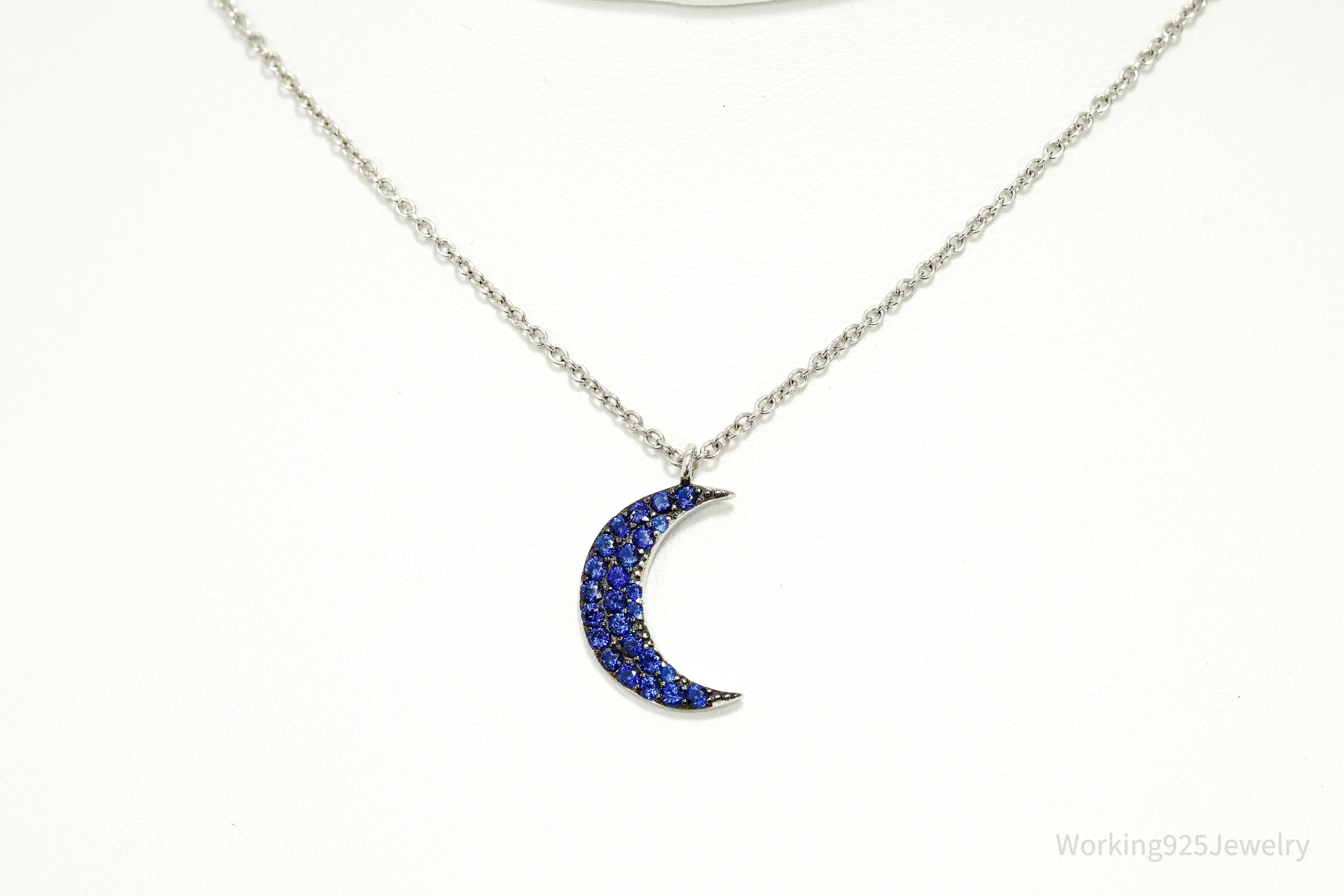 Vintage Blue Spinel Moon Sterling Silver Necklace 18"