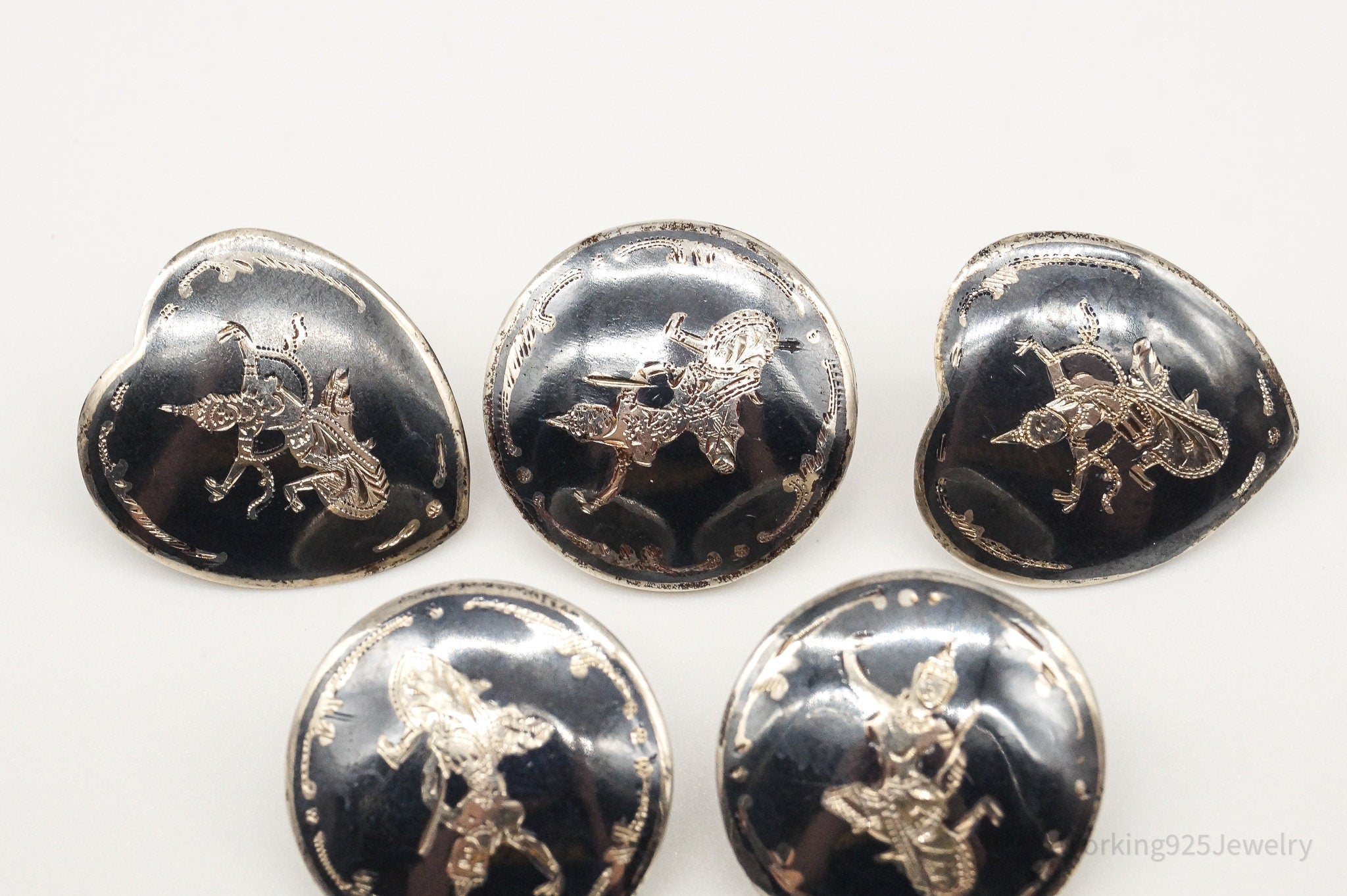 Vintage Siam Black Enamel Lightening Dancers Sterling Silver Buttons