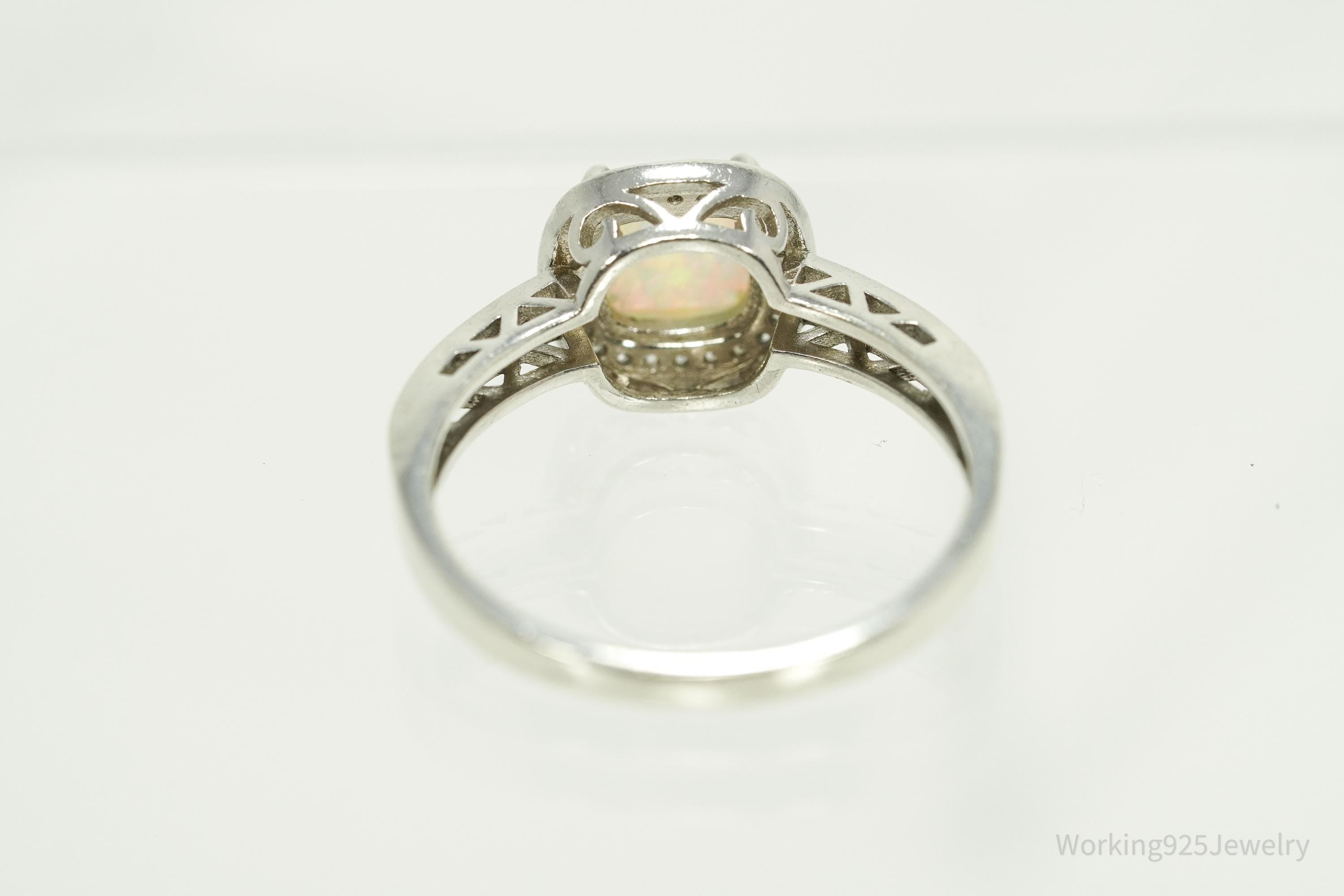 Vintage Opal & Cubic Zirconia Silver Ring - Size 9.25